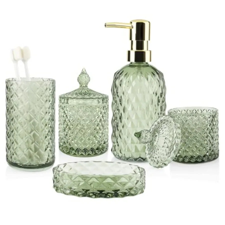 5Pcs Green Vintage Glass Bathroom Accessories Set