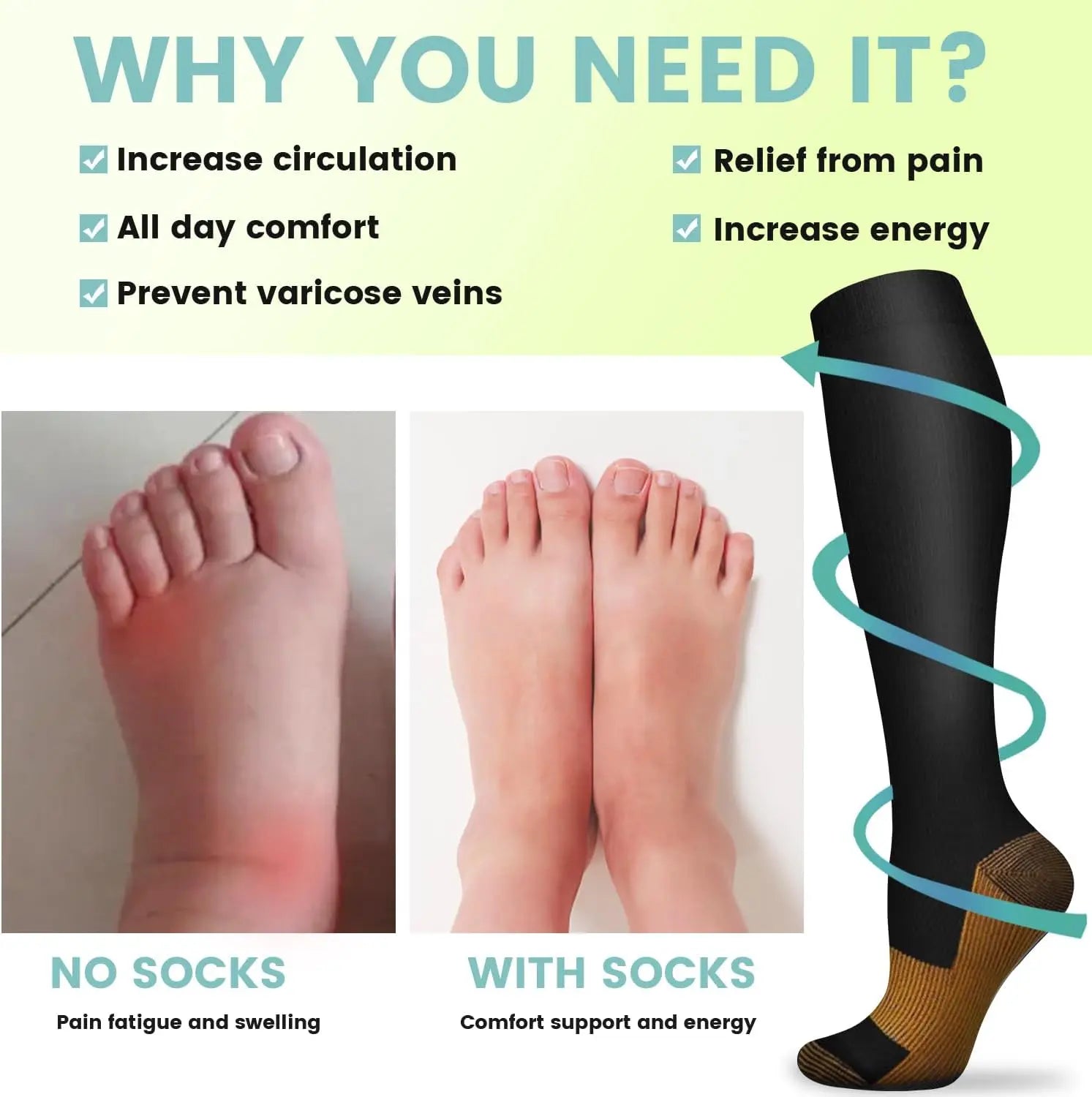 6 Pairs Solid Color Black Copper Compression Socks