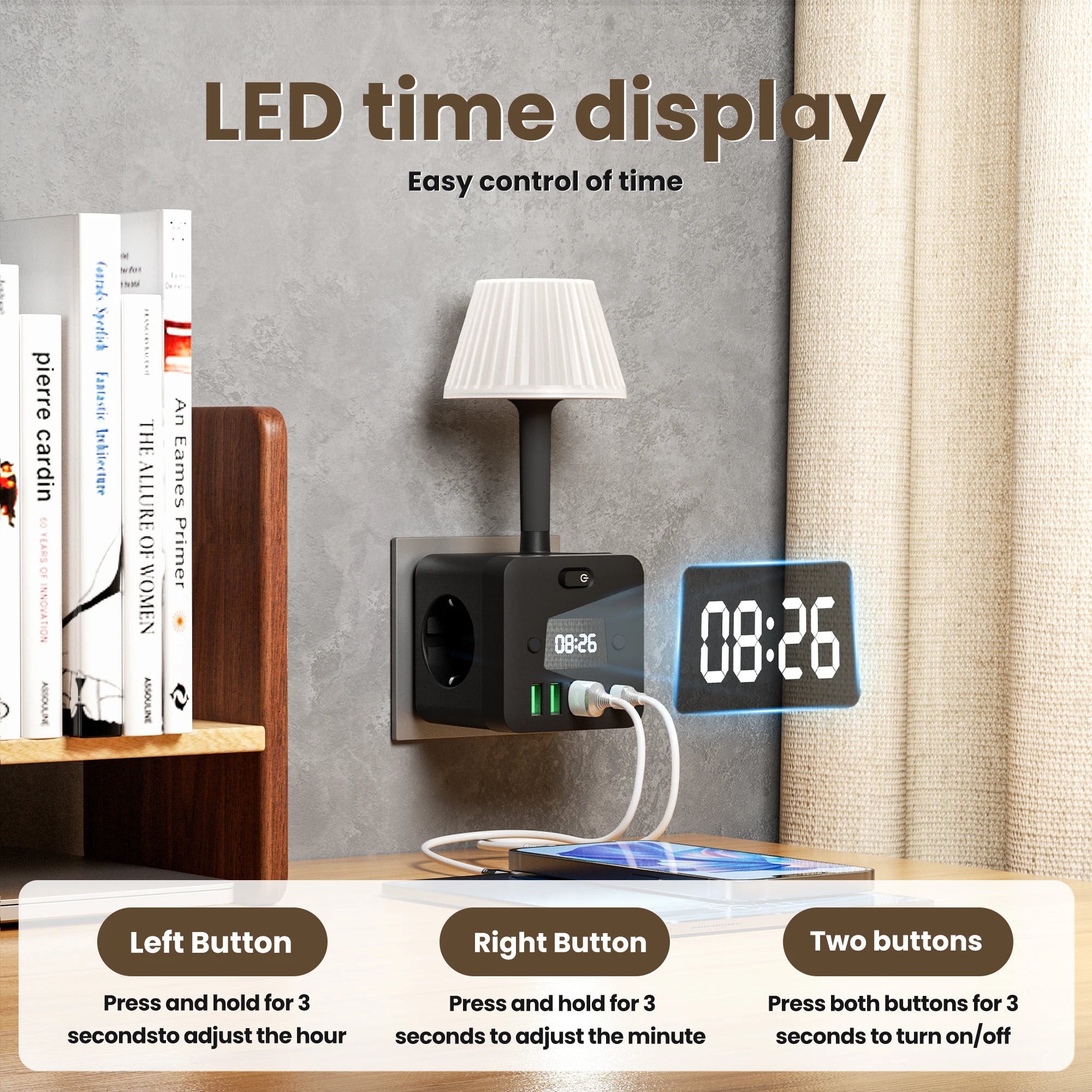 3-Outlet Clock Power Strip With Adjustable Night Light Socket and Surge Protection