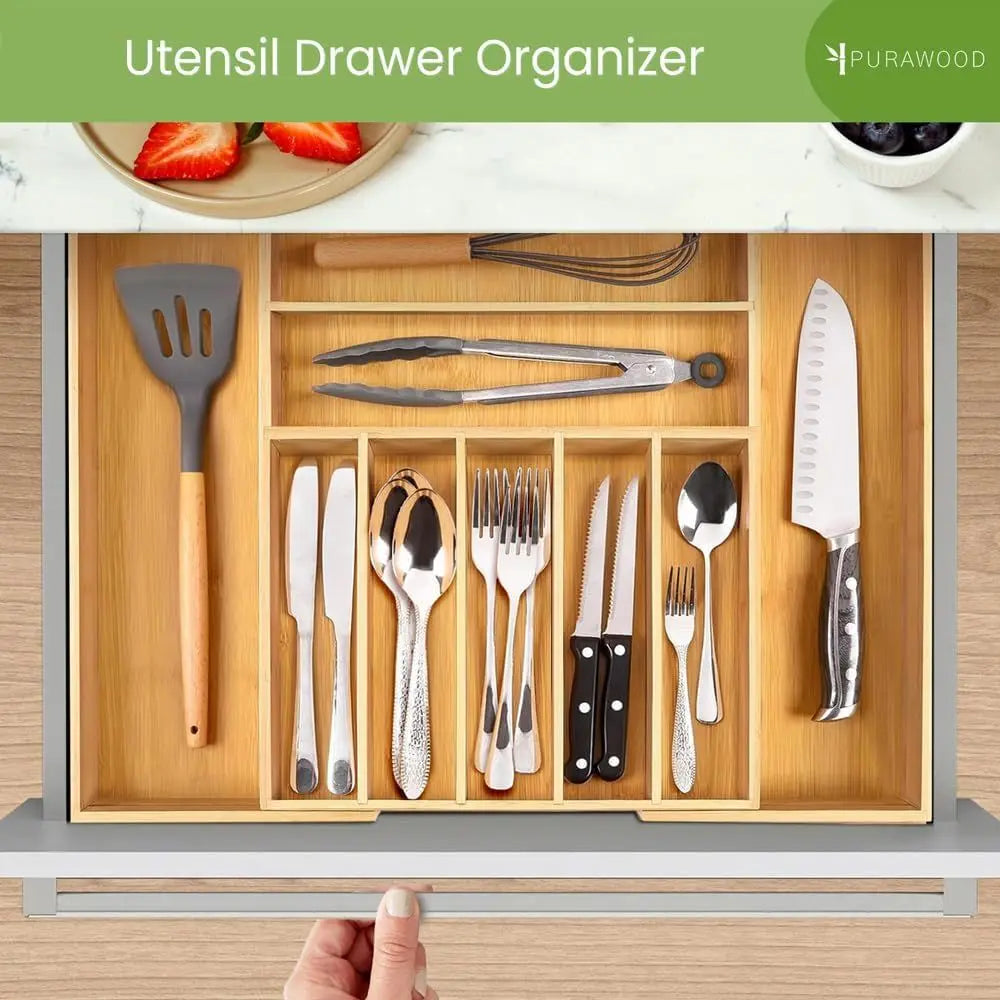 Bamboo Drawer Organizer - Expandable Silverware Organizer & Utensil Drawer Organizer, Cutlery Tray with Dividers, 7-9 Slots- Kit
