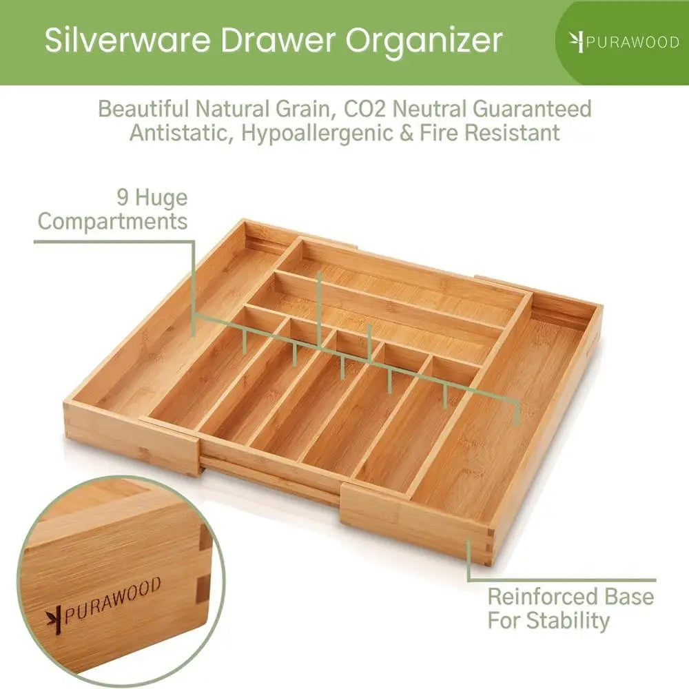Bamboo Drawer Organizer - Expandable Silverware Organizer & Utensil Drawer Organizer, Cutlery Tray with Dividers, 7-9 Slots- Kit