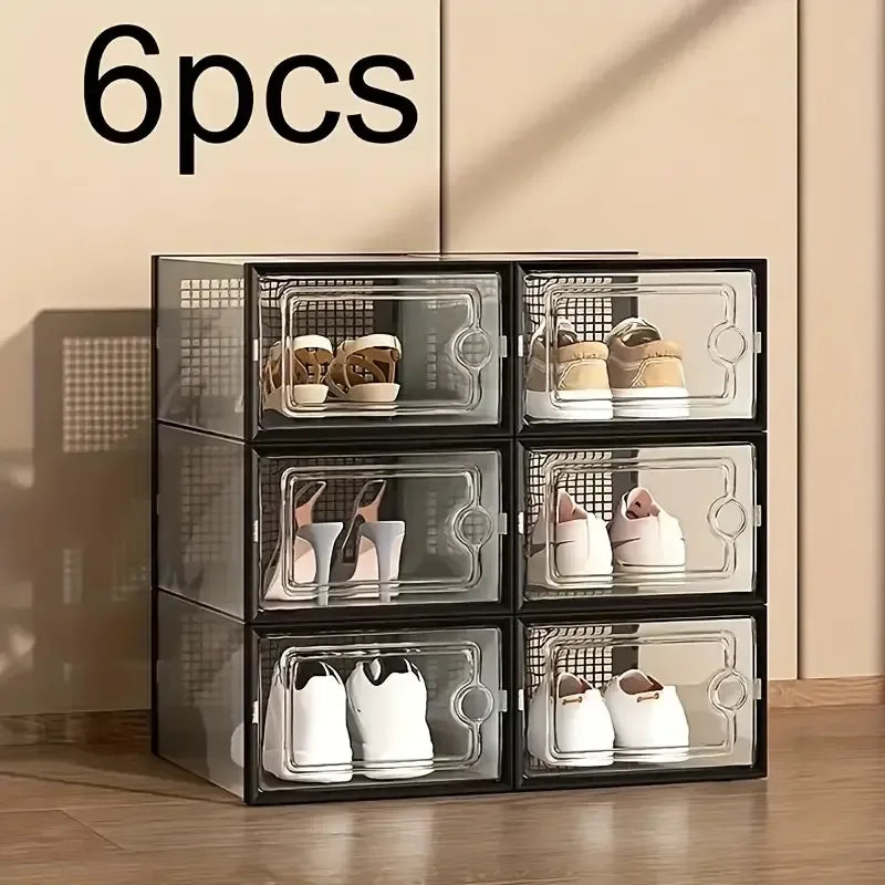6 or 12 Transparent Stackable, Foldable, Organizing Shoe Storage Boxes With Lids