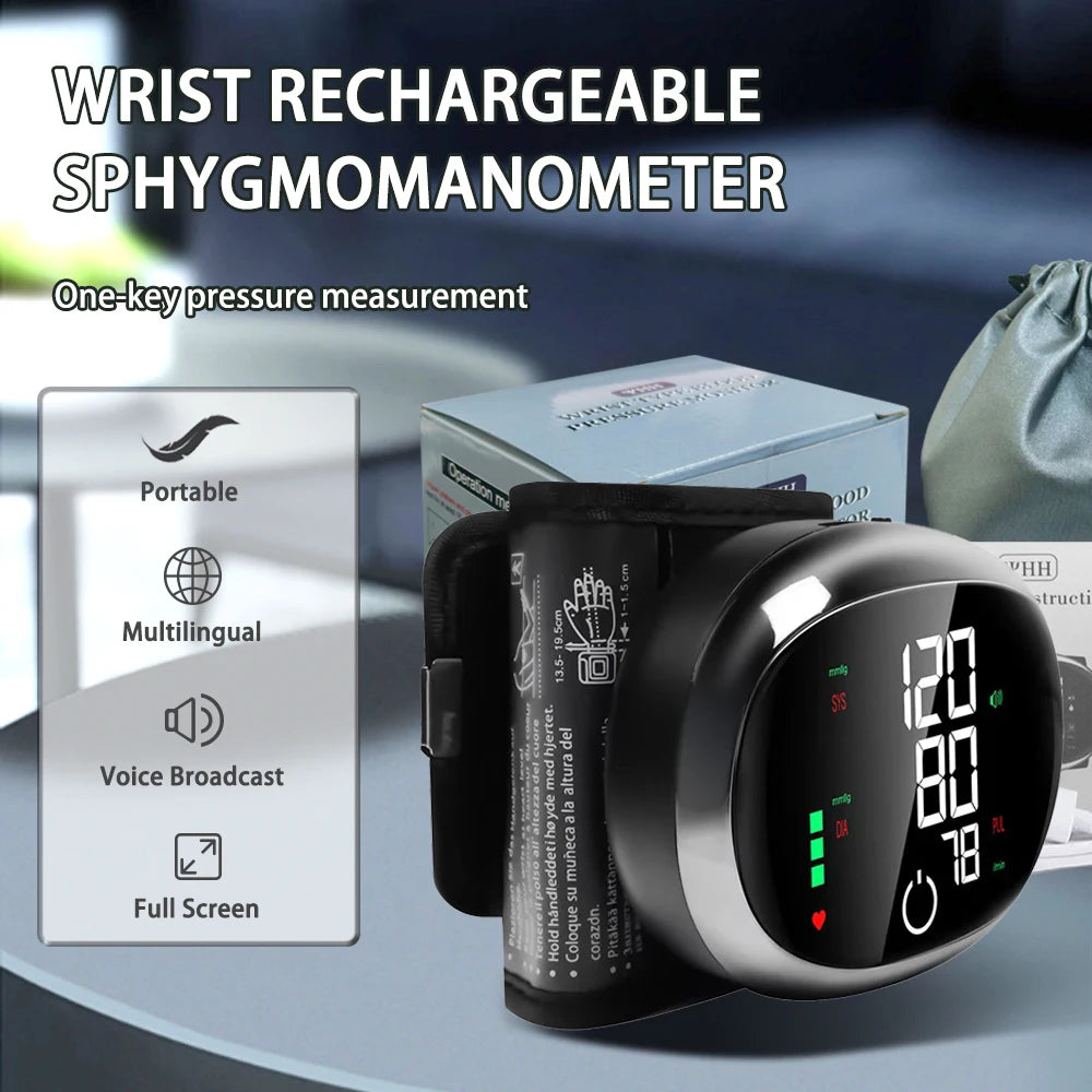 Digital Wrist Blood Pressure Meter Automatic Voice Tonometer Heart Rate Monitor Smart Touch LCD Screen Charge Sphygmomanometer