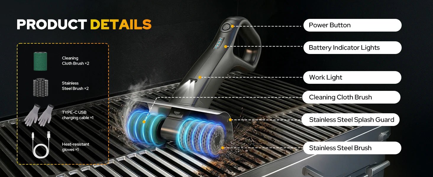 2026 Electric Grill Brush with 2 Brush Heads, 800RPM 25kgf High Torque BBQ Cleaner, 3500mAh Battery, 180 Mins Long Runtime, Extended Handle, Works as Grill Scraper for Tough Grease - Lovies Kitchenwares