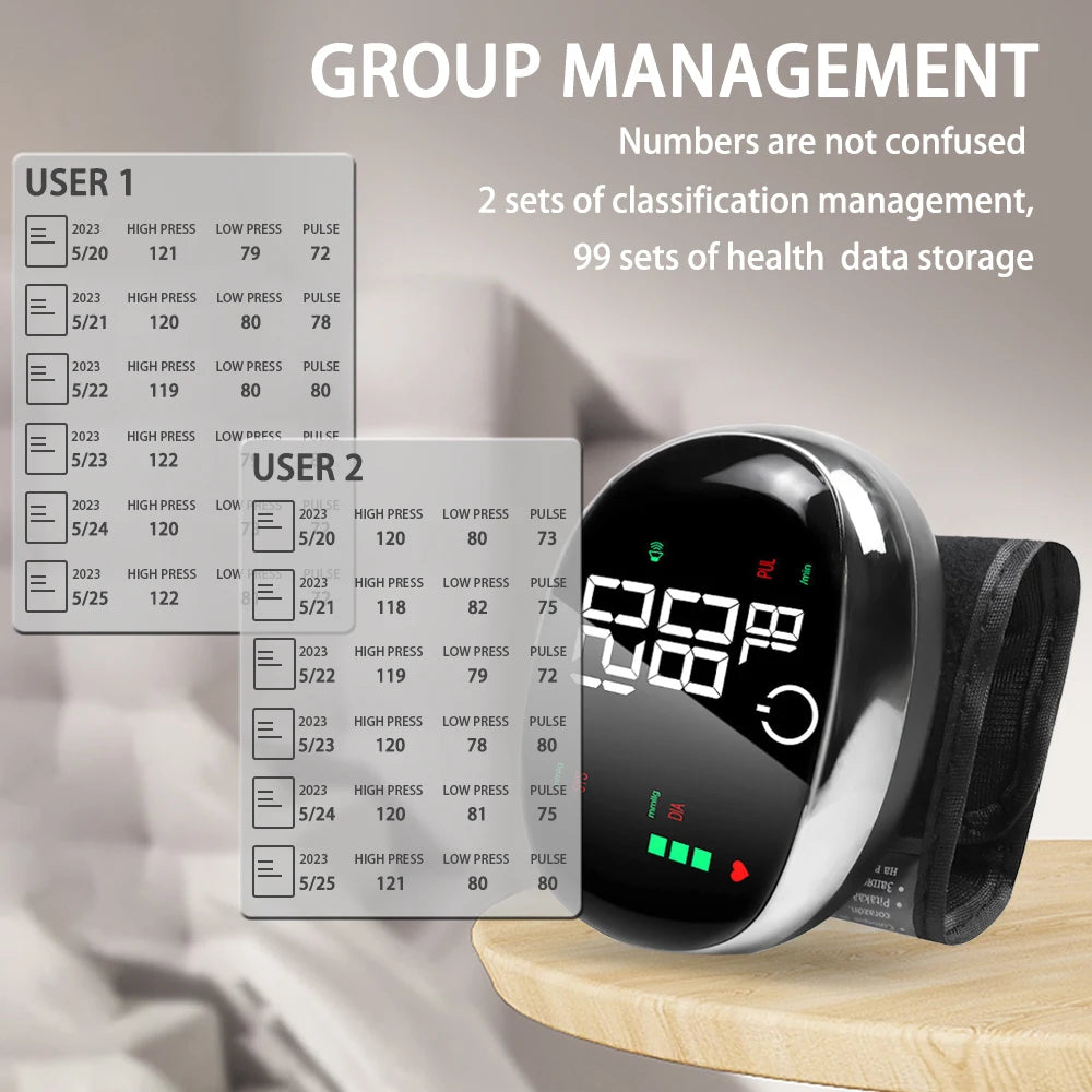 Digital Wrist Blood Pressure Meter Automatic Voice Tonometer Heart Rate Monitor Smart Touch LCD Screen Charge Sphygmomanometer