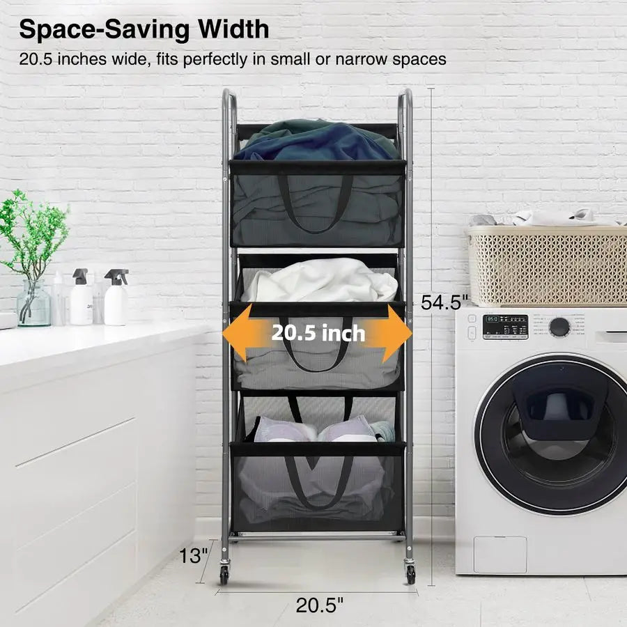3Tier Vertical Rolling Stackable Laundry Hamper & Sorter with Removable Bags on Wheels