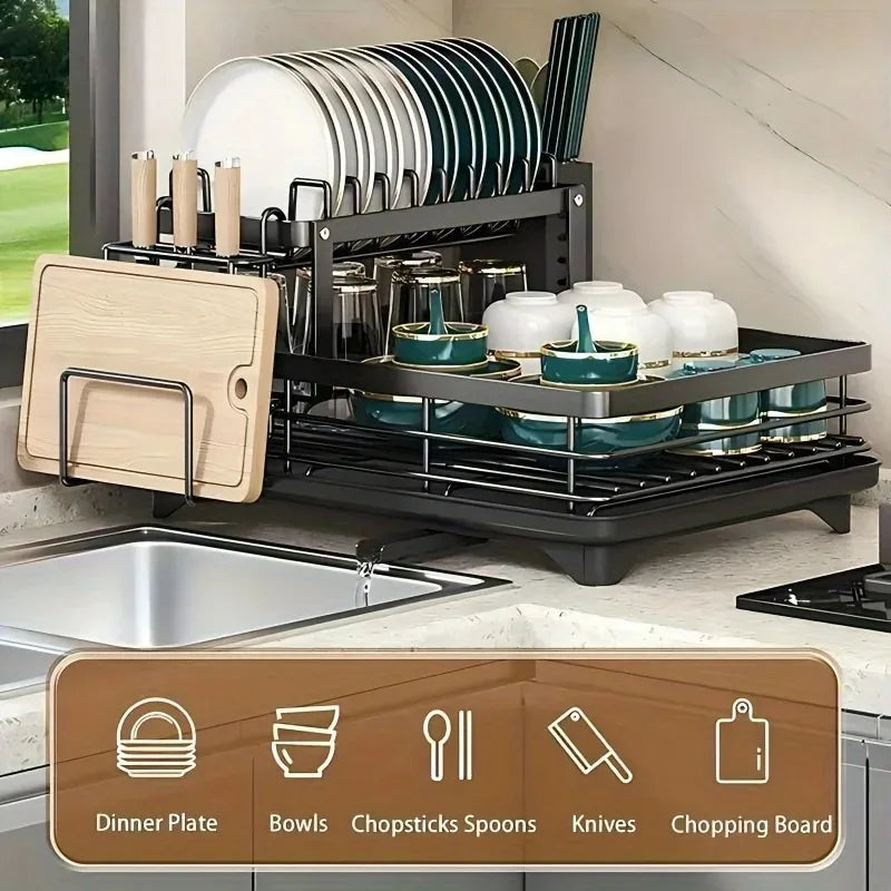 Double-Tier Extendable Dish Drainer With Large-Capacity Utensil Rack & Draining Board for Kitchen Worktops