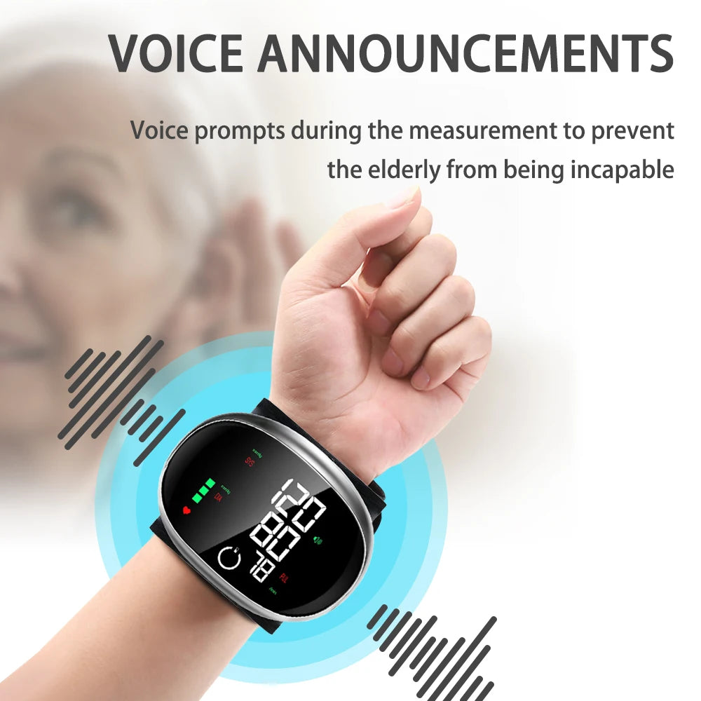 Digital Wrist Blood Pressure Meter Automatic Voice Tonometer Heart Rate Monitor Smart Touch LCD Screen Charge Sphygmomanometer