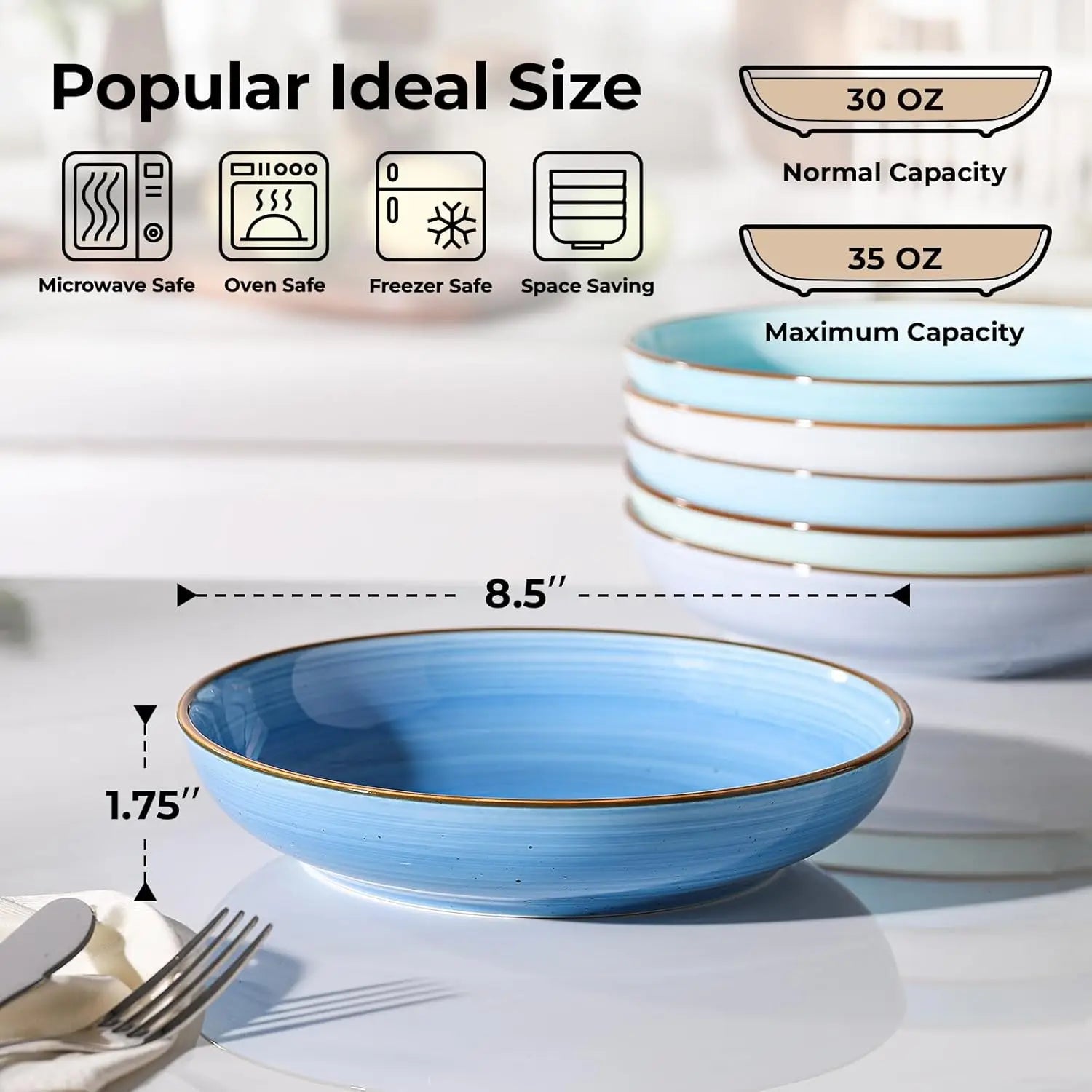 8.5'' Ceramic Multi-use Bowls Set of 6, 30 oz Shallow Salad & Soup Bowls, Microwave & Dishwasher Safe