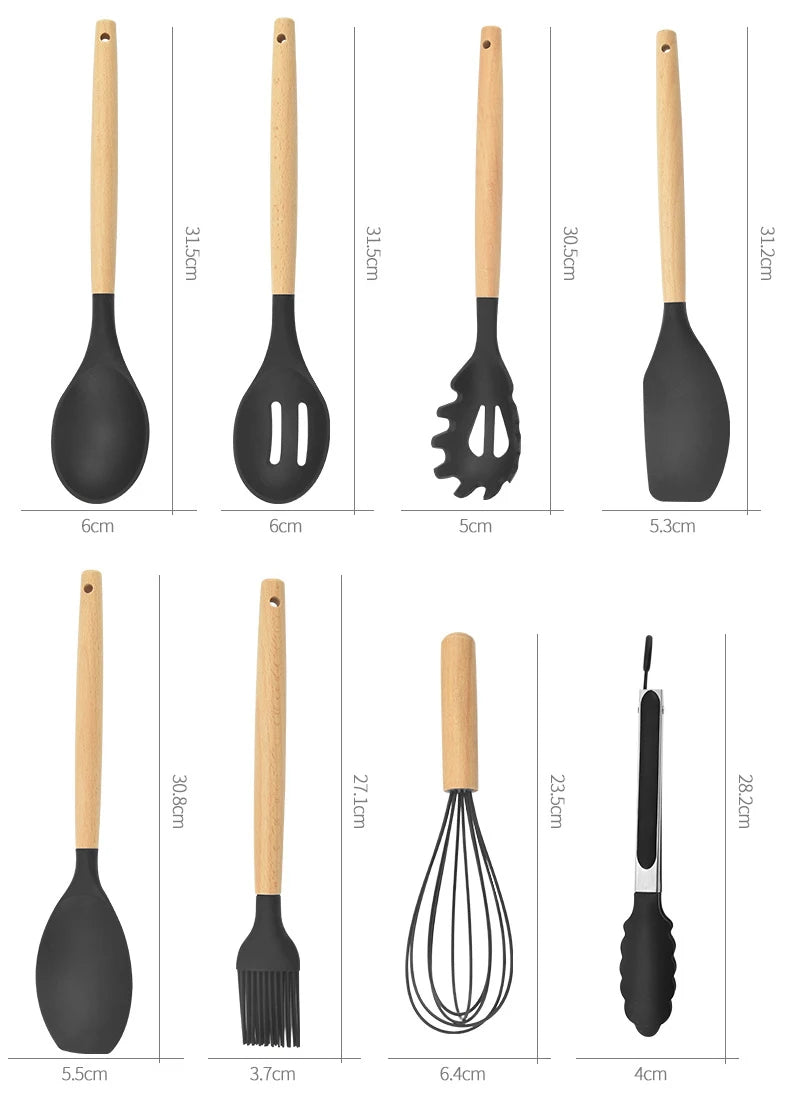12PCS Silicon Non-Stick Cookware Kitchenware Utensil Set with Wooden Handles