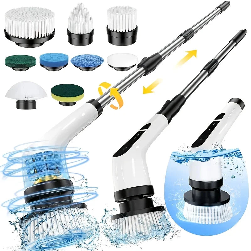9-in-1 Electric Rotating Cleaning Brush, Wireless Multi-Purpose Scrubber with Replaceable Heads and Adjustable Telescopic Handle