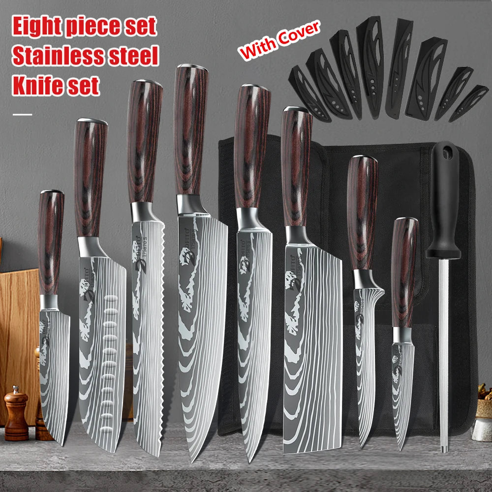 Stainless Steel Kitchen Knife Set Ultra Sharp Cleaver and Utility Knife With Nylon Bag