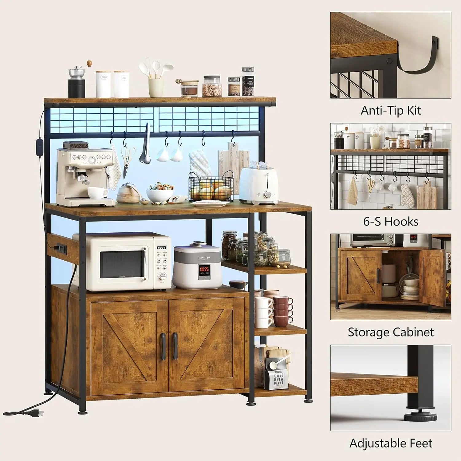 Bakers Rack with Power Outlet and LED Light, Microwave Stand with Storage Cabinet, Coffee Bar Cabinet Station, Customized