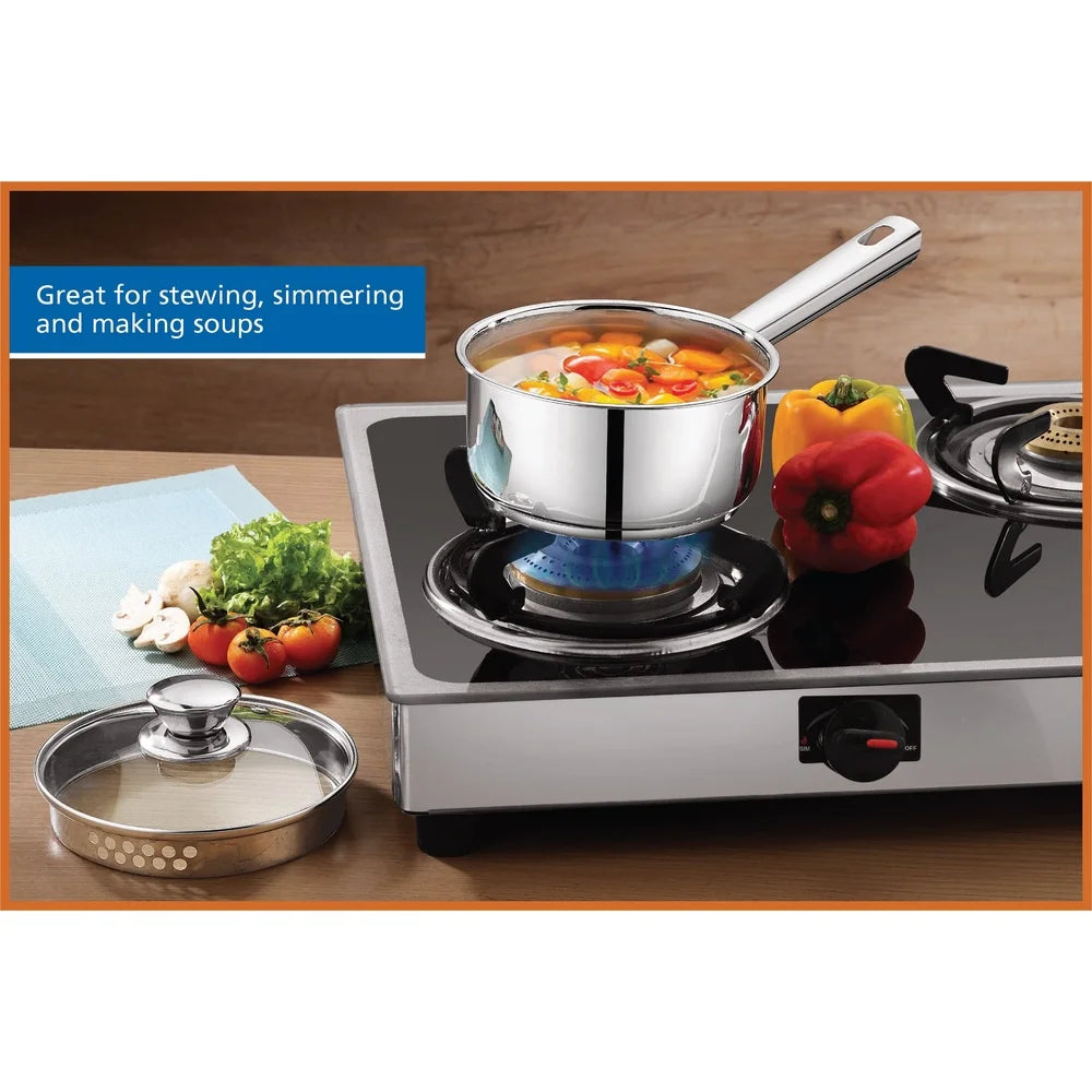 Oven Safe Stainless Steel Saucepan with Straining Lid 1qt Dishwasher Safe Induction Compatible Heat Resistant Glass Lid