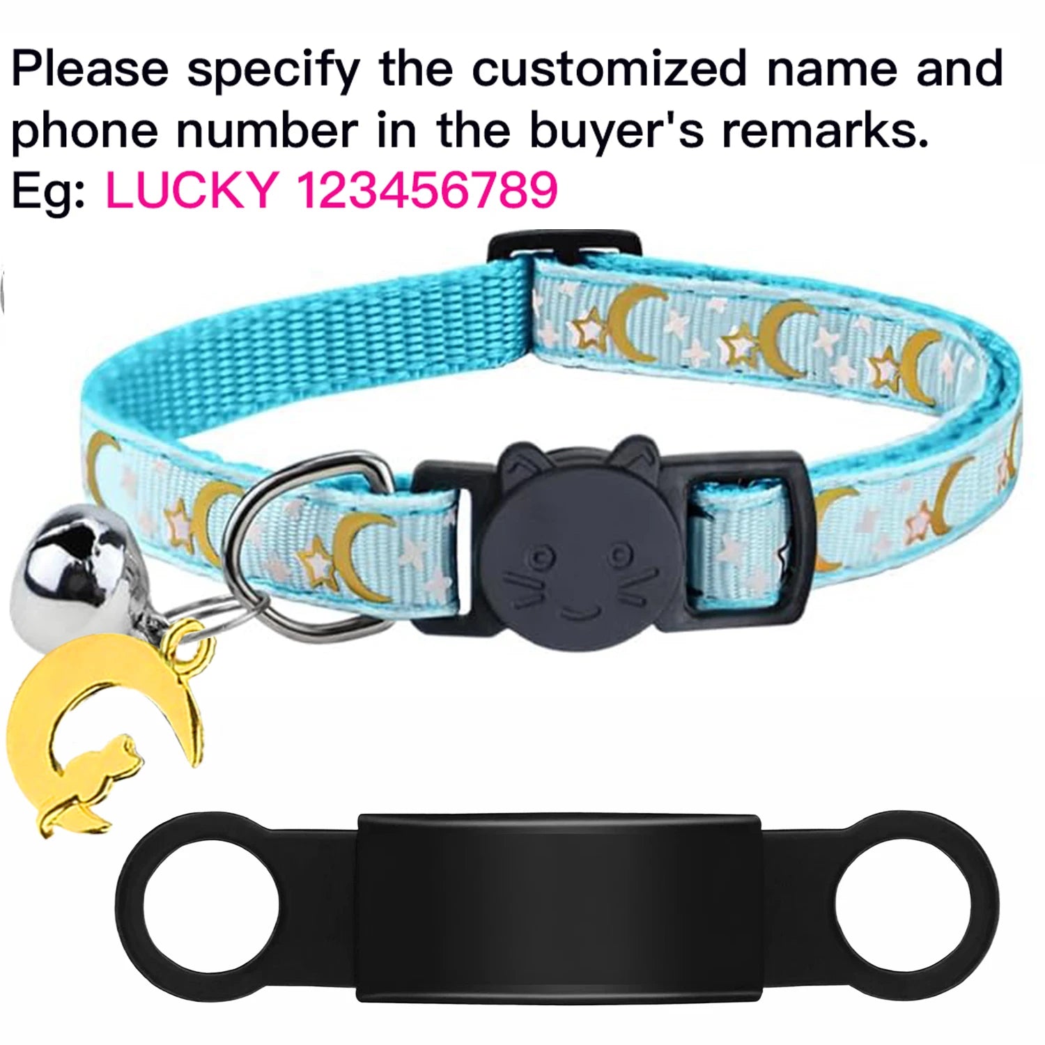 Customized Cute Glow Bell & Moon Ornament Cat Collar With Free Engraved Anti-lost Pet ID