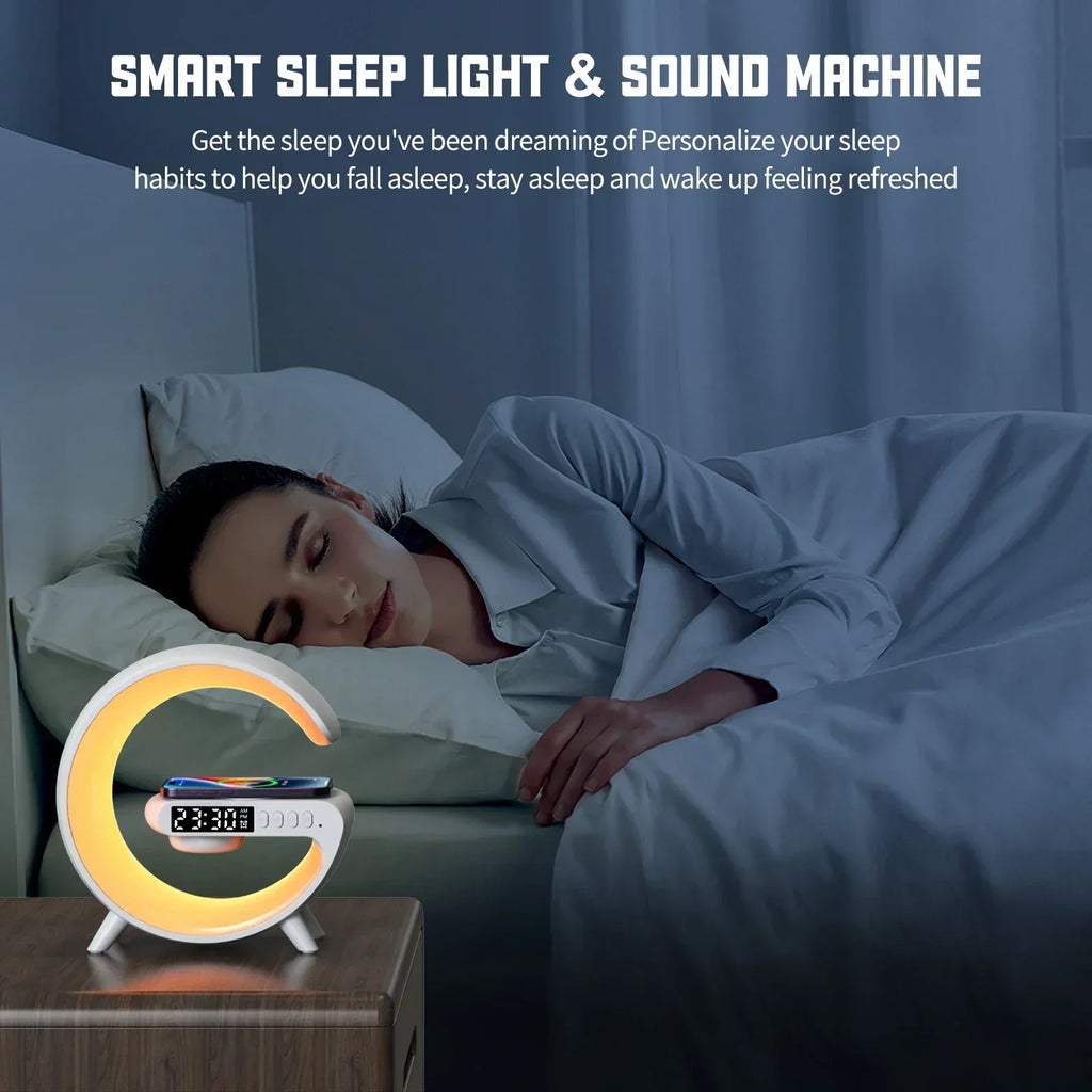 Multifunction Mini Wireless Charger Stand & Docking Station  Red, Green, & Blue Light Alarm Clock Speaker