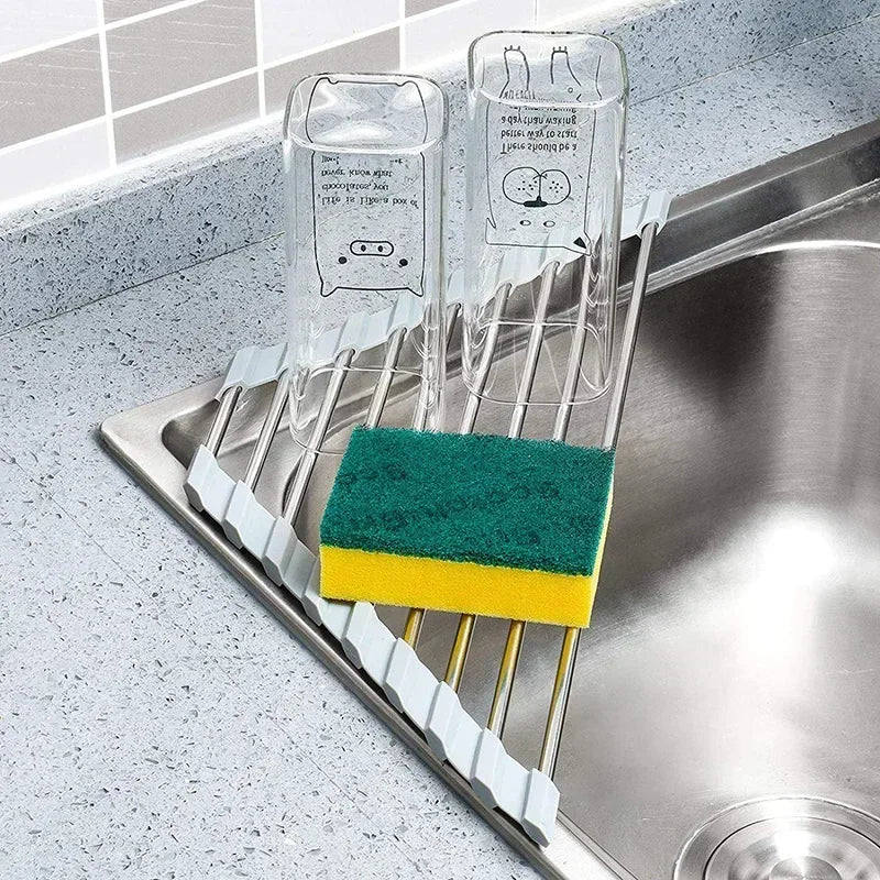 Roll Up Triangle Dish Drying Rack For Kitchen Sink With Foldable Stainless Steel Drainer