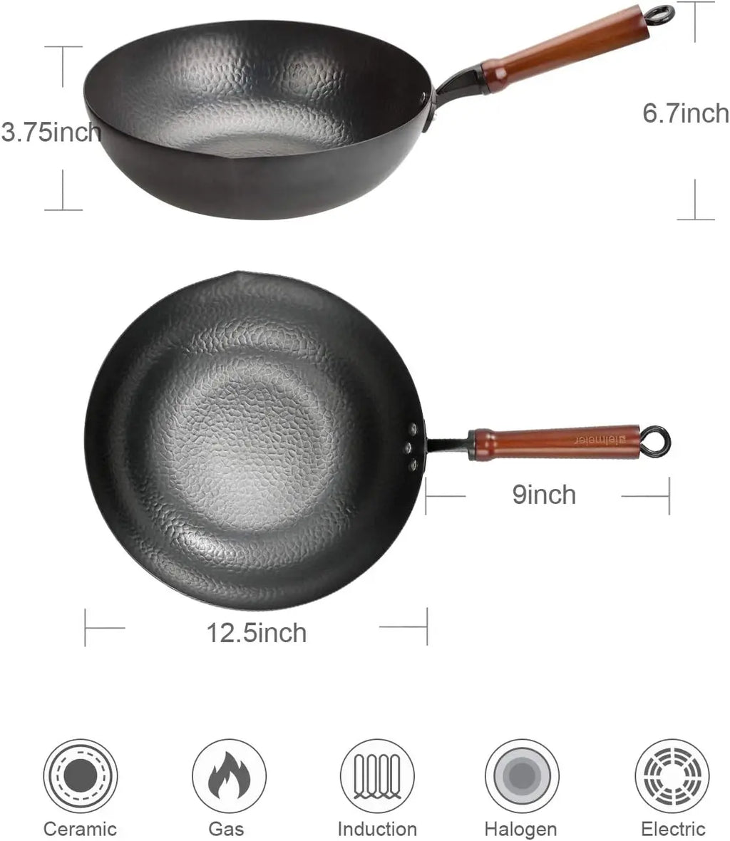 12.5" Carbon Steel Wok Pan with Lid, Flat Bottom for All Stoves, Stir Fry Cookware Accessories
