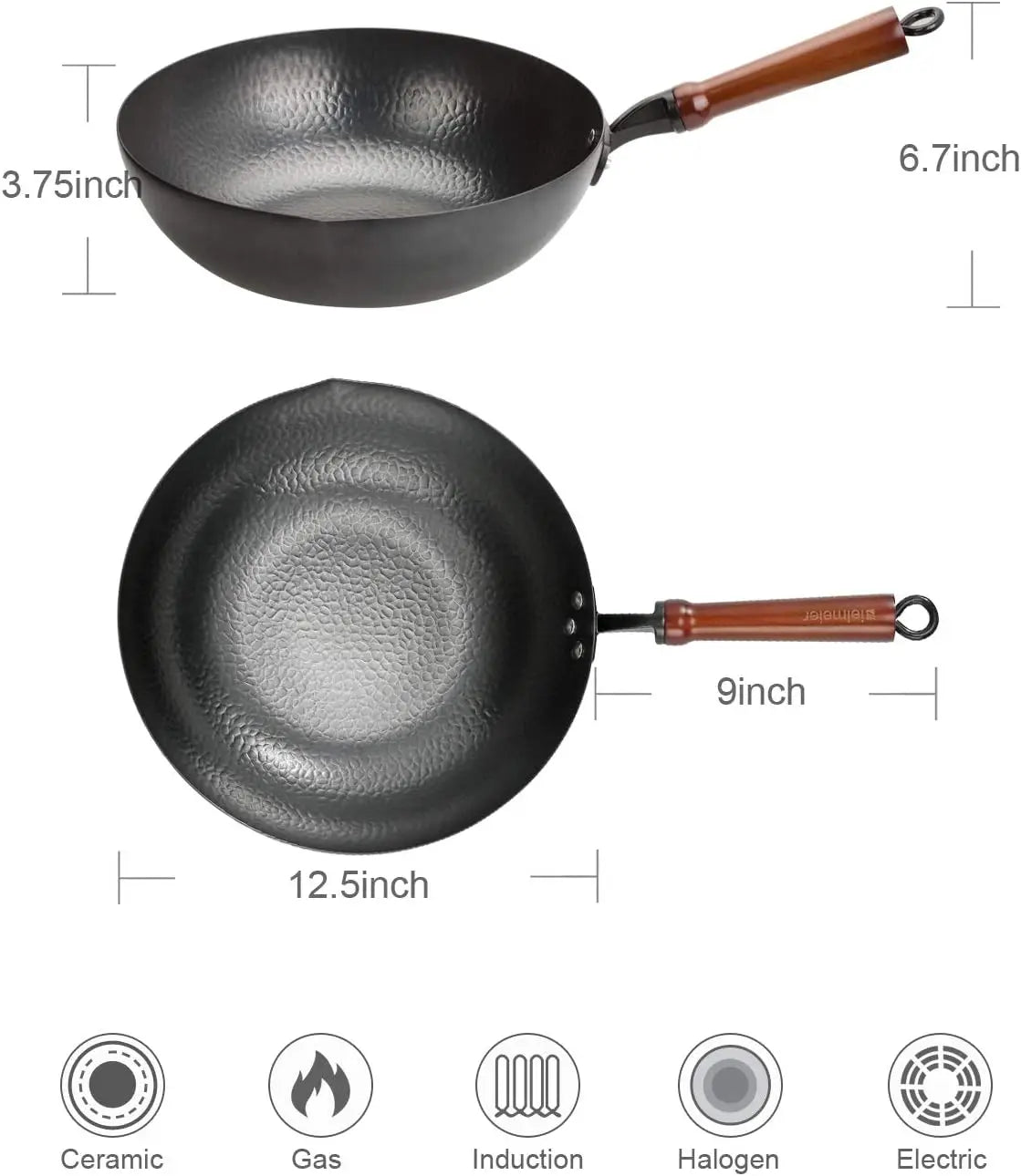 12.5" Carbon Steel Wok Pan with Lid, Flat Bottom for All Stoves, Stir Fry Cookware Accessories