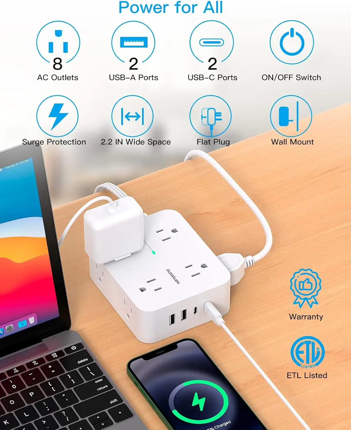 Surge Protector Power Strip with 8 Outlets and 4 USB Ports, Ultra Thin Flat Plug for Multiple Rooms