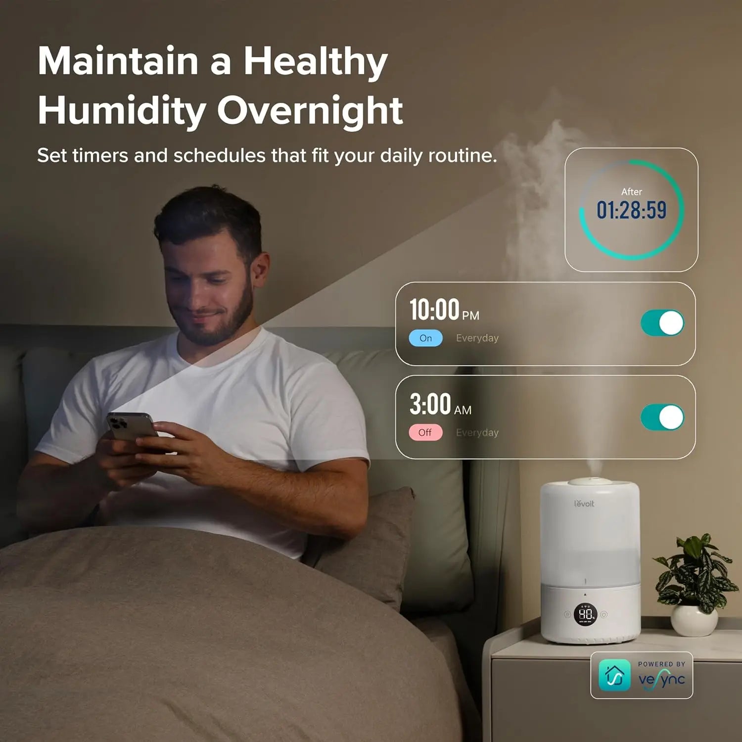 Smart Cool Mist Humidifier with App Control, Auto Humidity Setting, Voice Control & Essential Oil Diffuser - 3L White