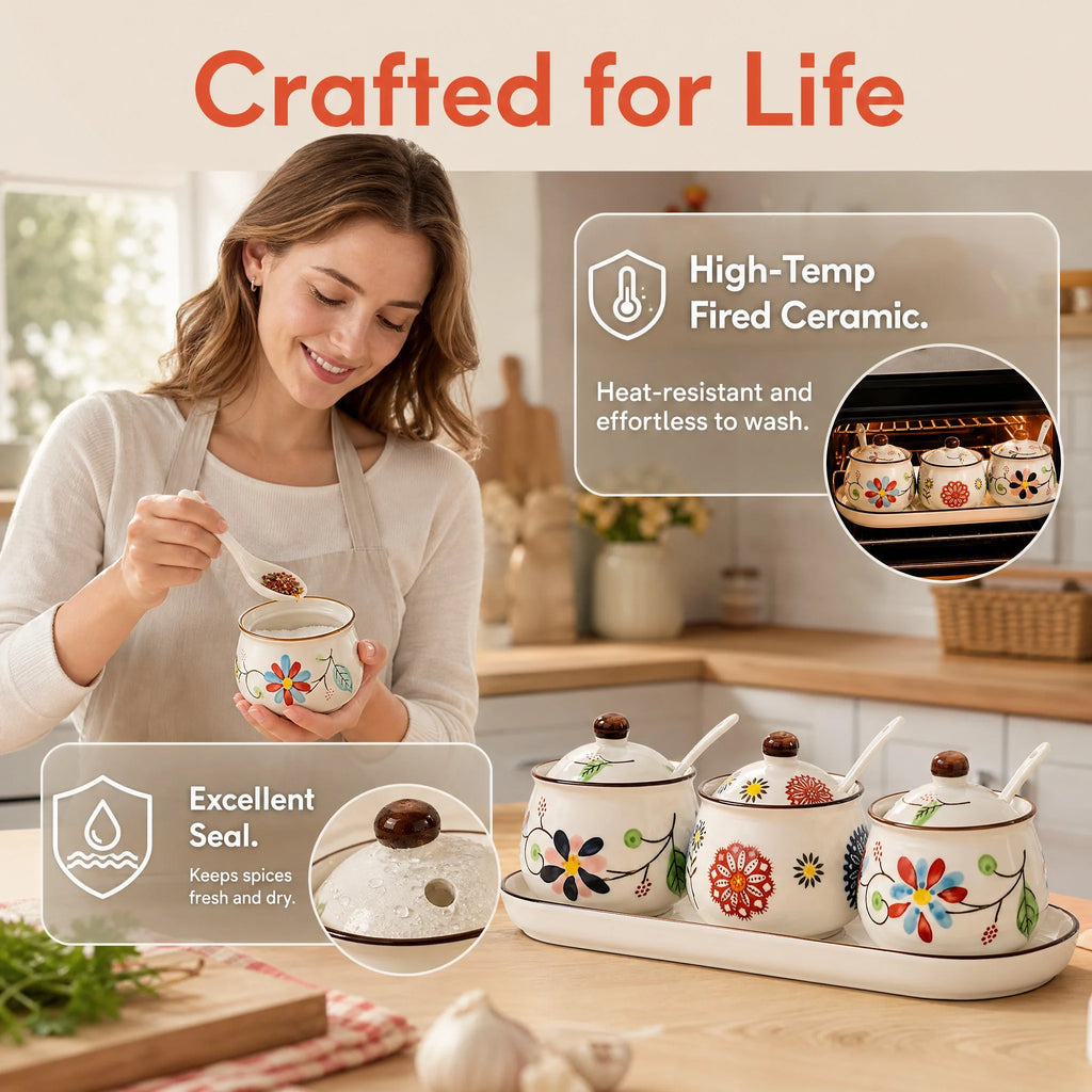 3-Piece Ceramic Spice Jar Set with Tray, Hand-Painted Japanese Vintage Seasoning Jars, Large Capacity 330ml Kitchen Storage Containers with Spoons, Non-Slip Base - Lovies Kitchenwares