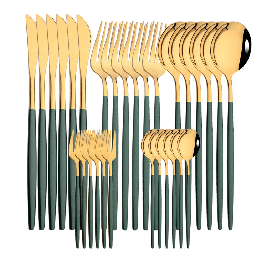 30Pcs Stainless Steel Dinner Black Gold Tableware Set