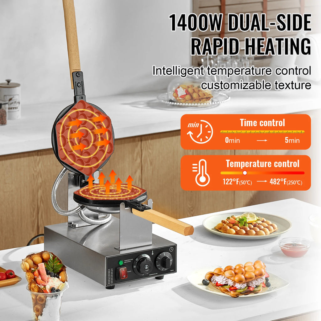 Commercial Egg Bubble Waffle Maker 1400W Non-Stick Stainless Steel w/180° Rotatable 2 Pans & Wooden Handles