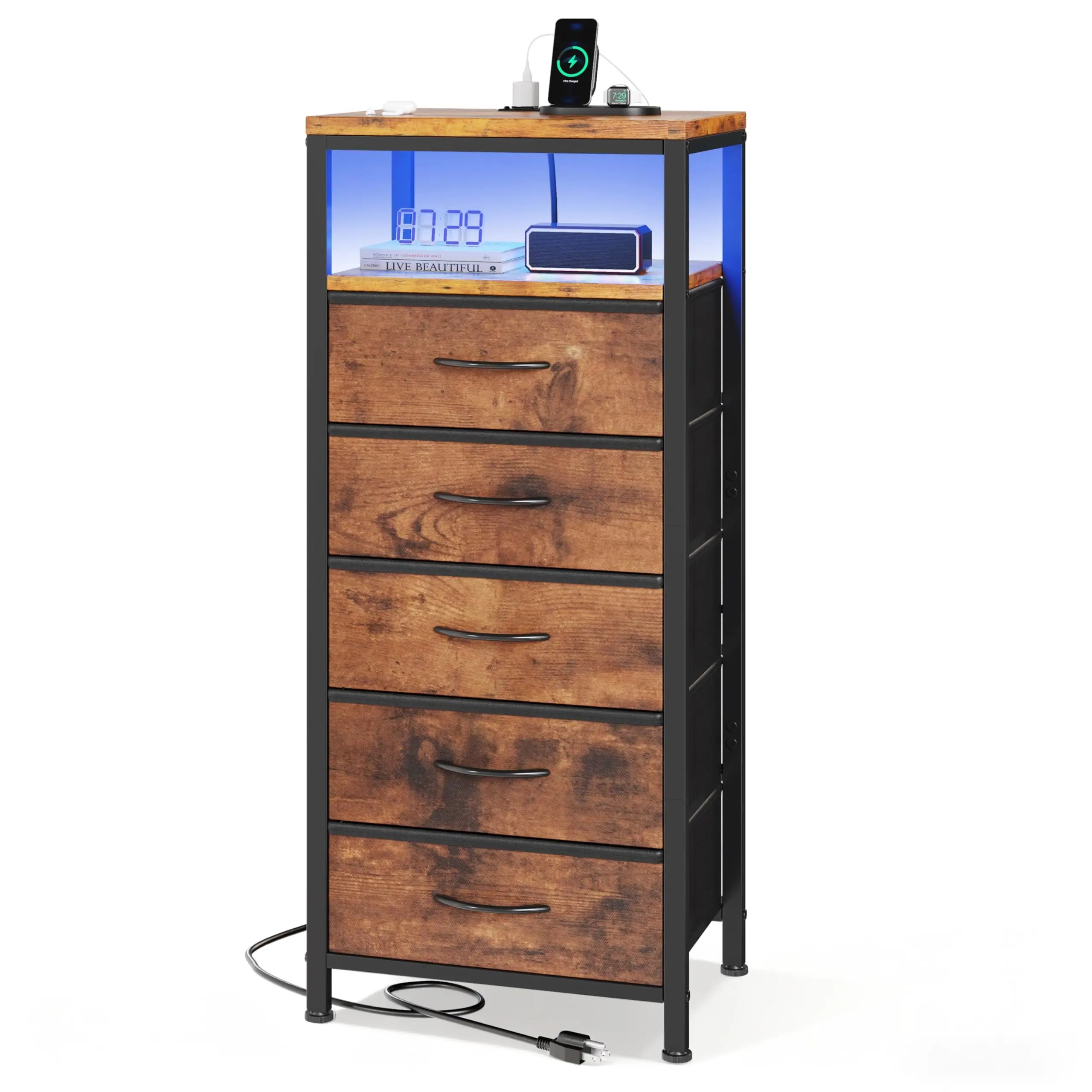 5 Fabric Dresser Drawer with Charging Station and Outlets