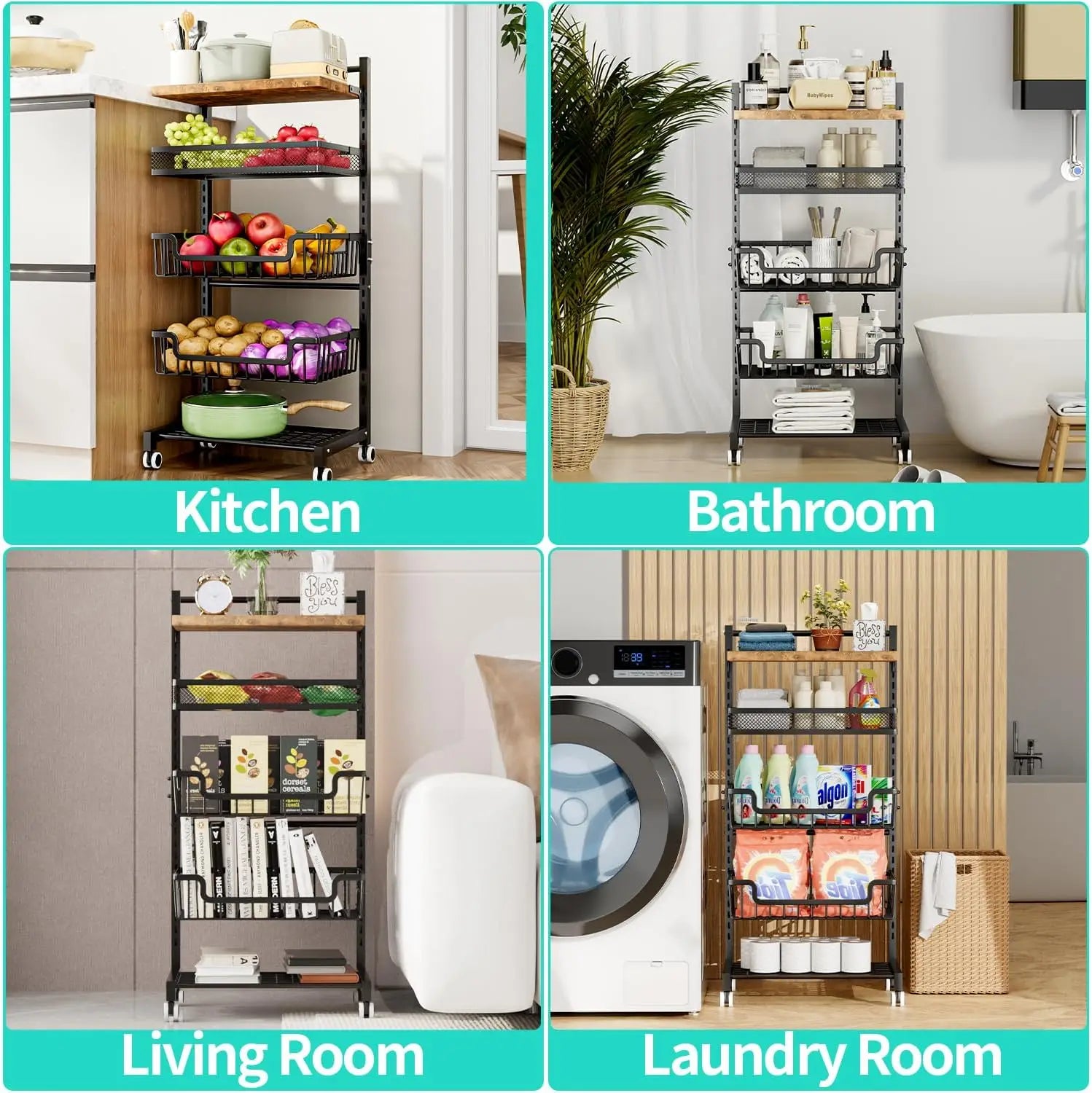 5-Tier Adjustable Kitchen Cart with Wheels, Large Capacity Vegetable Storage Rack for Snacks and Produce