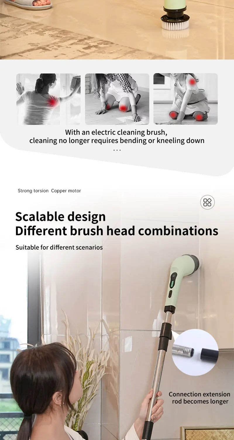 9-in-1 Electric Rotating Cleaning Brush, Wireless Multi-Purpose Scrubber with Replaceable Heads and Adjustable Telescopic Handle