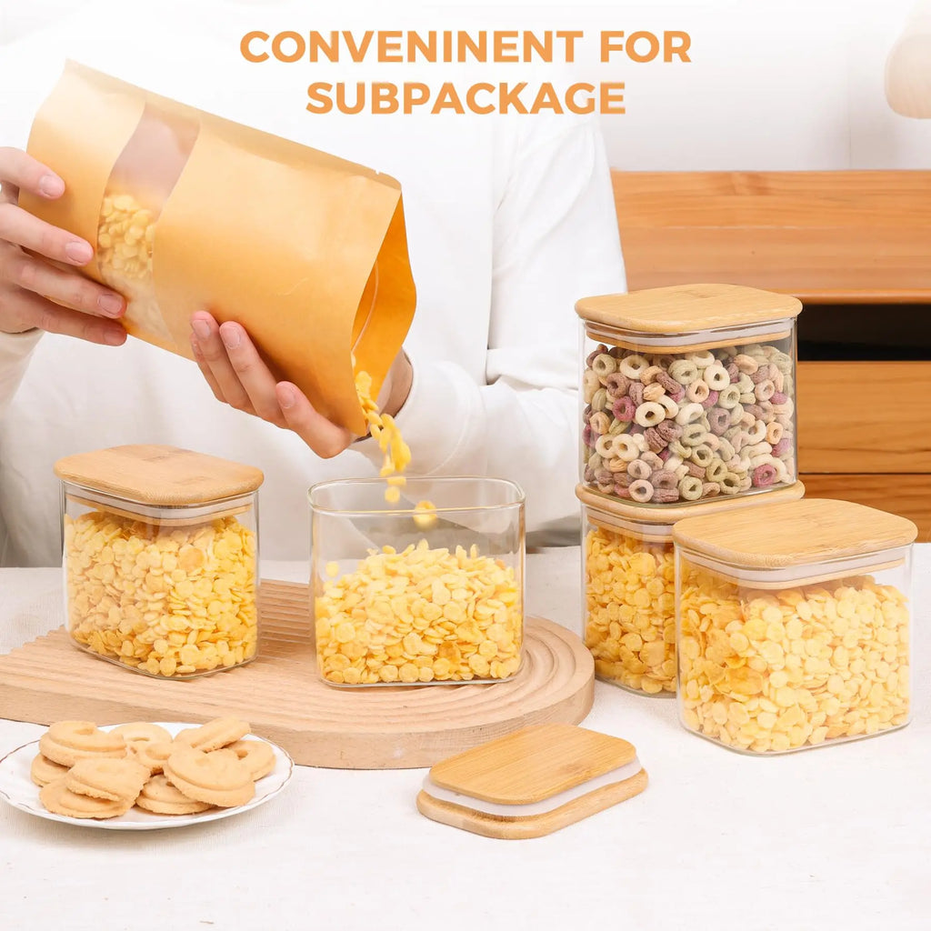Rectangle Clear Storage Jars with Bamboo Lids Multi-Food Pantry Organizer Containers - Lovies Kitchenwares
