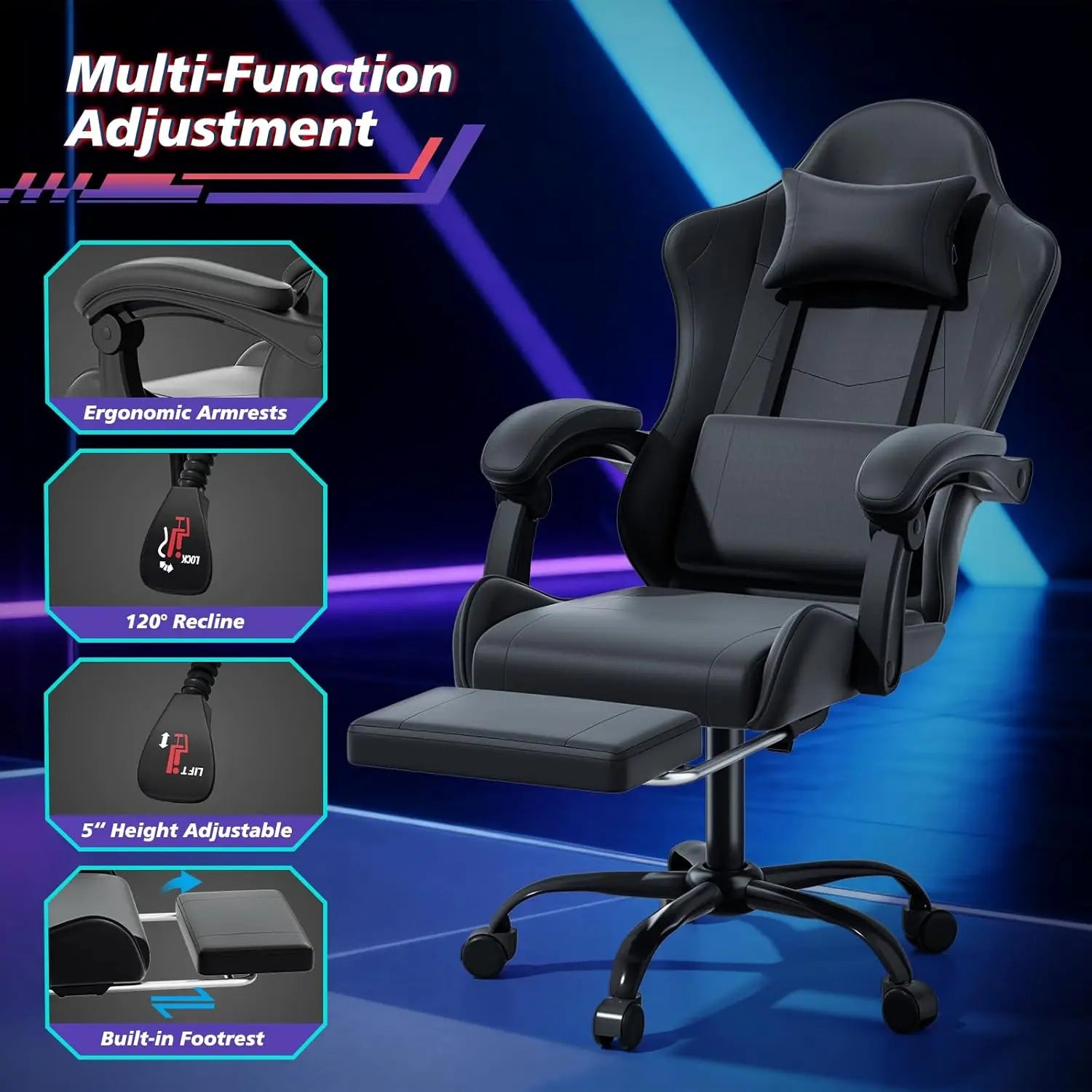 Ergonomic Design Computer Chair with Linkage Armrests, Height Adjustable Gamer Chair with Footrest and Headrest