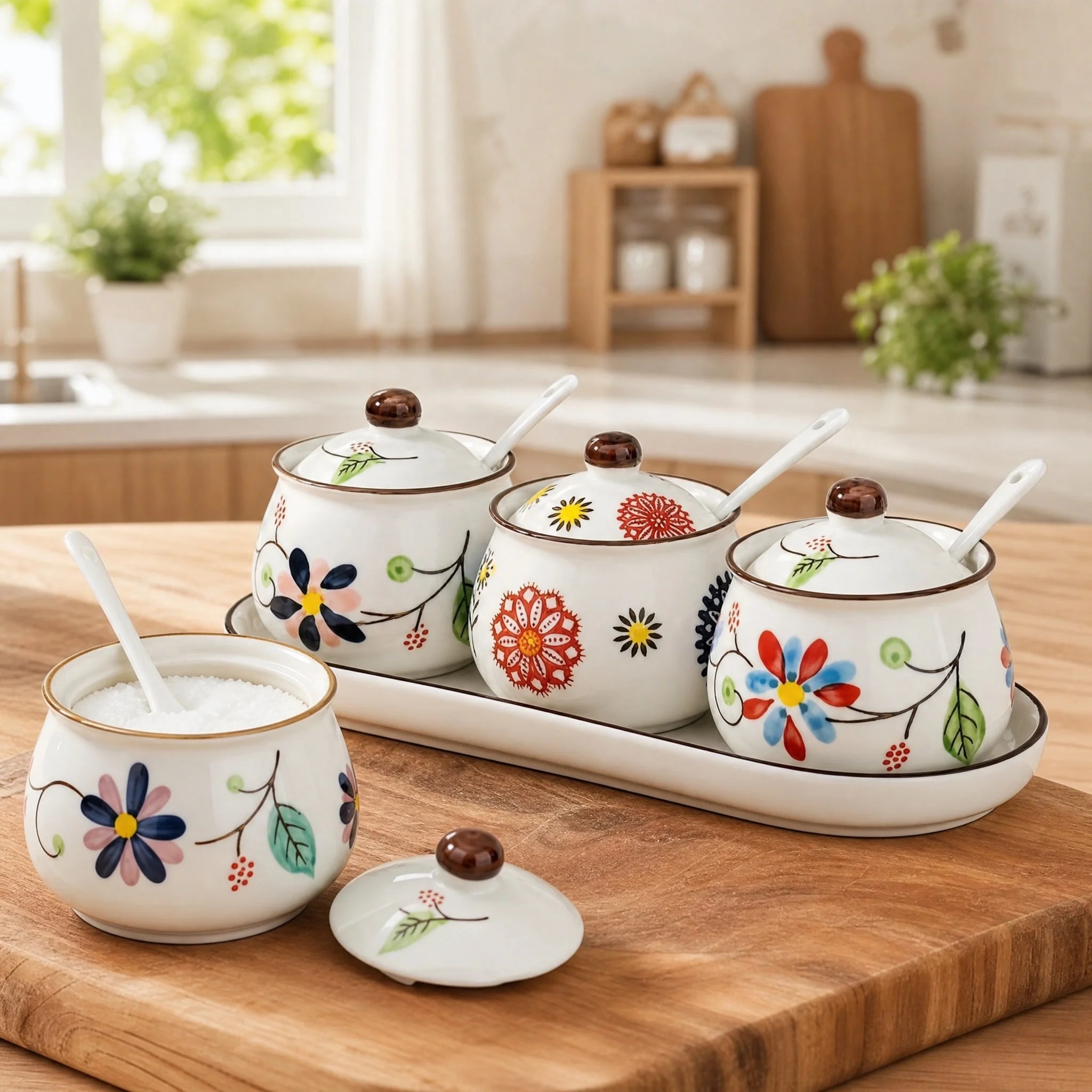3-Piece Ceramic Spice Jar Set with Tray, Hand-Painted Japanese Vintage Seasoning Jars, Large Capacity 330ml Kitchen Storage Containers with Spoons, Non-Slip Base - Lovies Kitchenwares