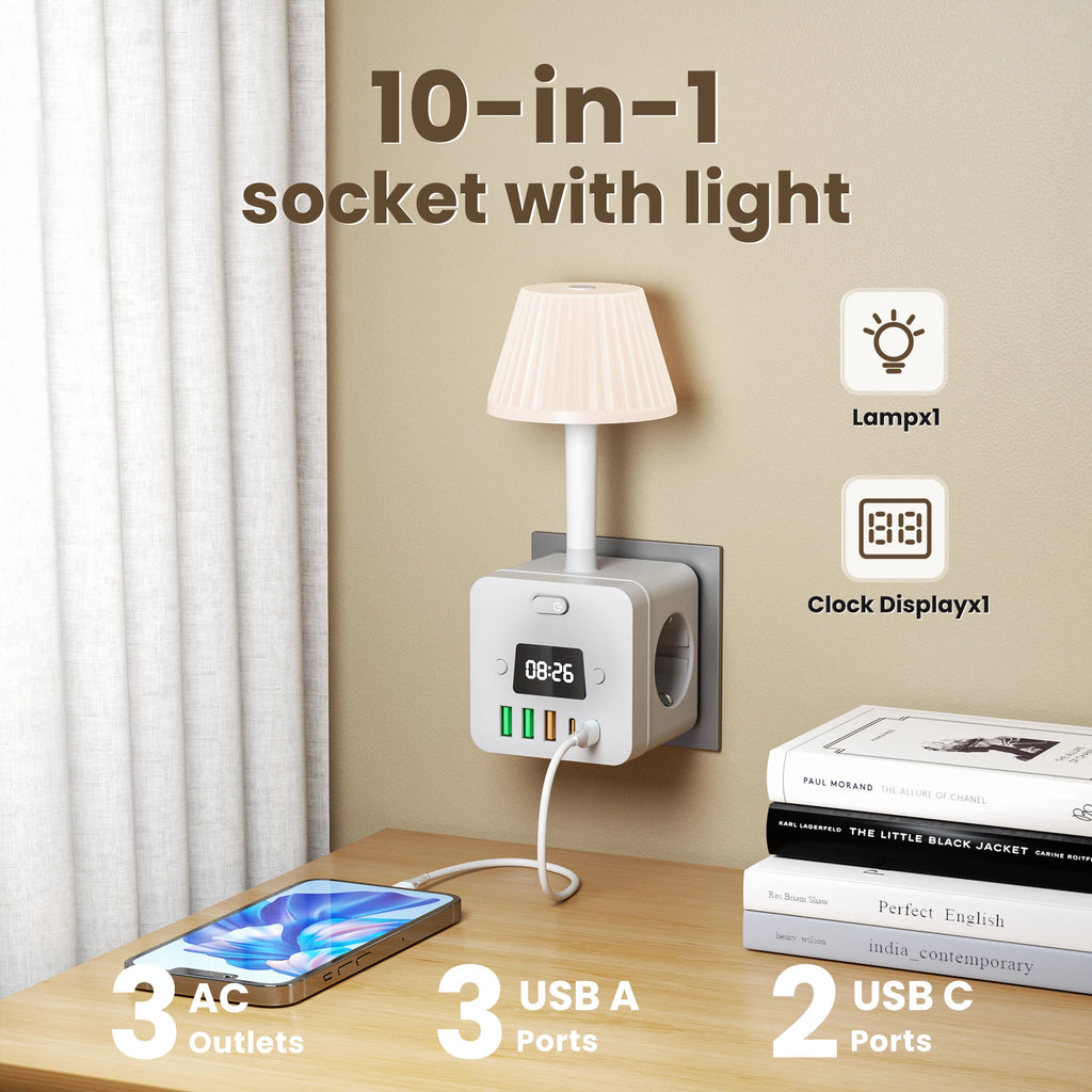 3-Outlet Clock Power Strip With Adjustable Night Light Socket and Surge Protection