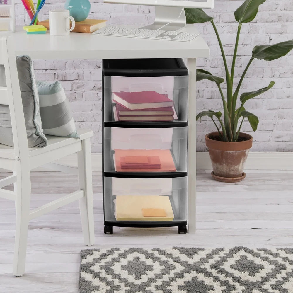 3 Drawer Plastic Storage Cart with Clear Drawers Rolling Organizer