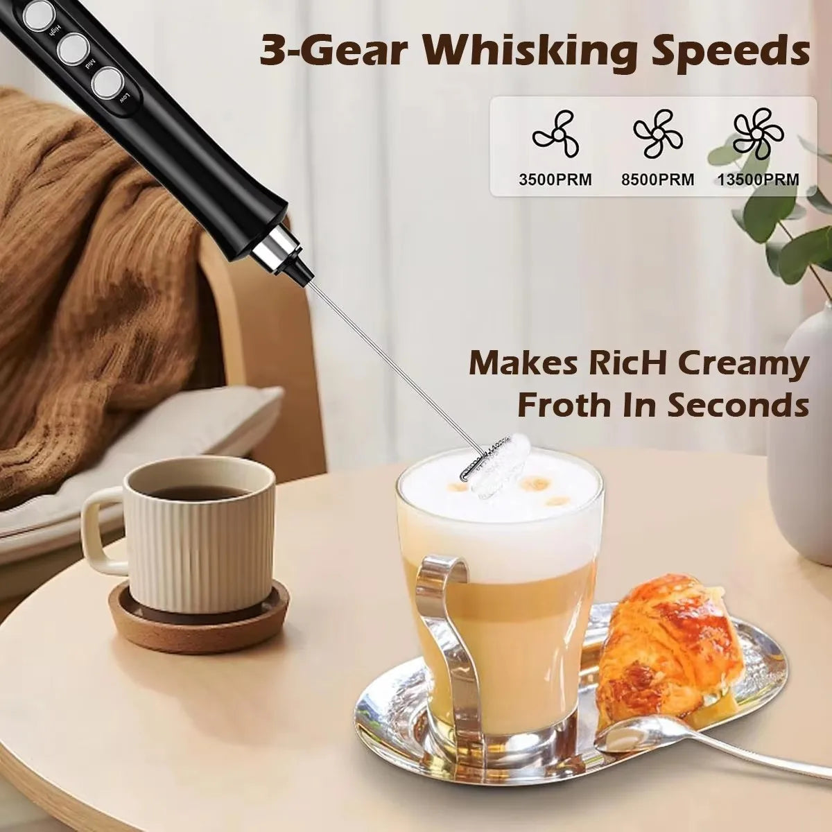 Electric Milk Frother - 3 Speeds, Handheld Foam Maker for Latte, Cappuccino, Hot Chocolate - USB Rechargeable