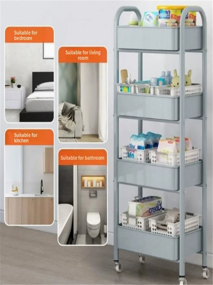 Trolley with Handlebar and Storage Rack, Floor-Standing, Multi-Layer Storage for Multiple Rooms