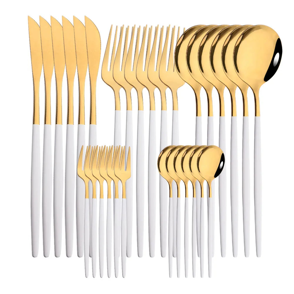 30Pcs Stainless Steel Dinner Black Gold Tableware Set