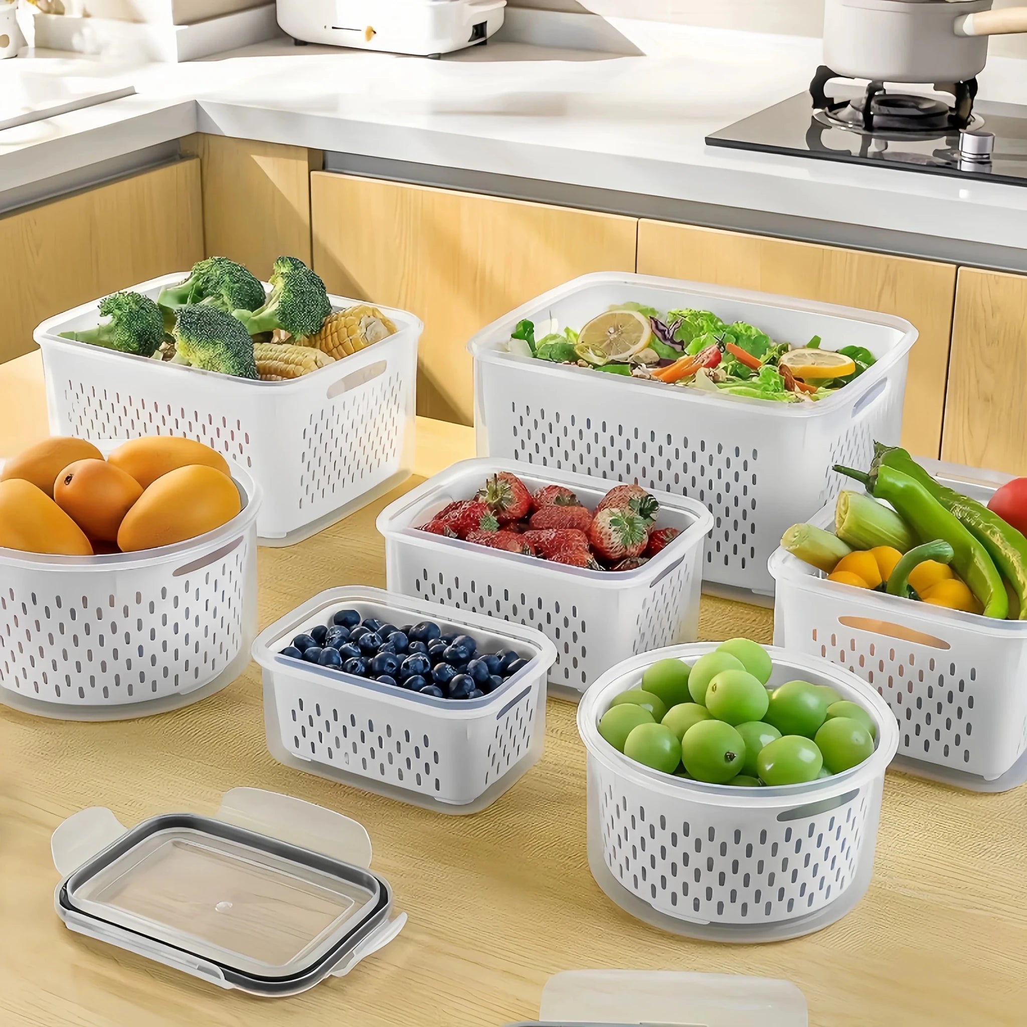 9Pcs/set Fruit and Vegetable Storage Containers for Fridge with Removable Colander, All-In-One Fruit Washing Bowl with Strainer - Lovies Kitchenwares