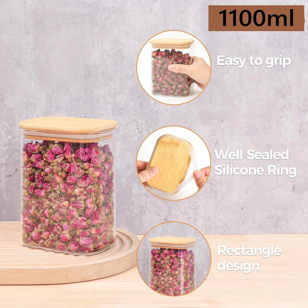 Rectangle Clear Storage Jars with Bamboo Lids Multi-Food Pantry Organizer Containers - Lovies Kitchenwares