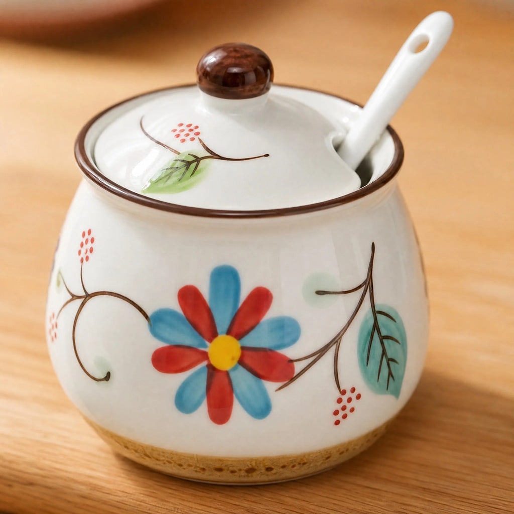 3-Piece Ceramic Spice Jar Set with Tray, Hand-Painted Japanese Vintage Seasoning Jars, Large Capacity 330ml Kitchen Storage Containers with Spoons, Non-Slip Base - Lovies Kitchenwares