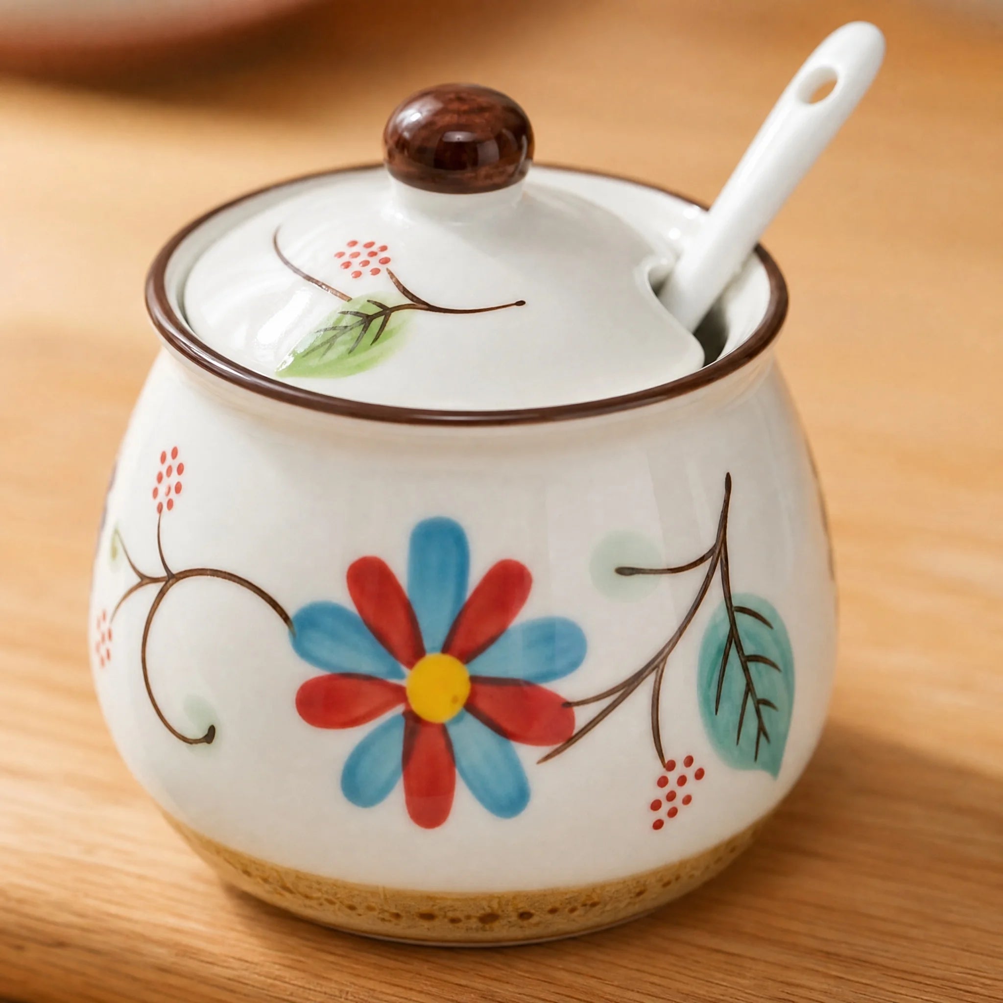 3-Piece Ceramic Spice Jar Set with Tray, Hand-Painted Japanese Vintage Seasoning Jars, Large Capacity 330ml Kitchen Storage Containers with Spoons, Non-Slip Base - Lovies Kitchenwares