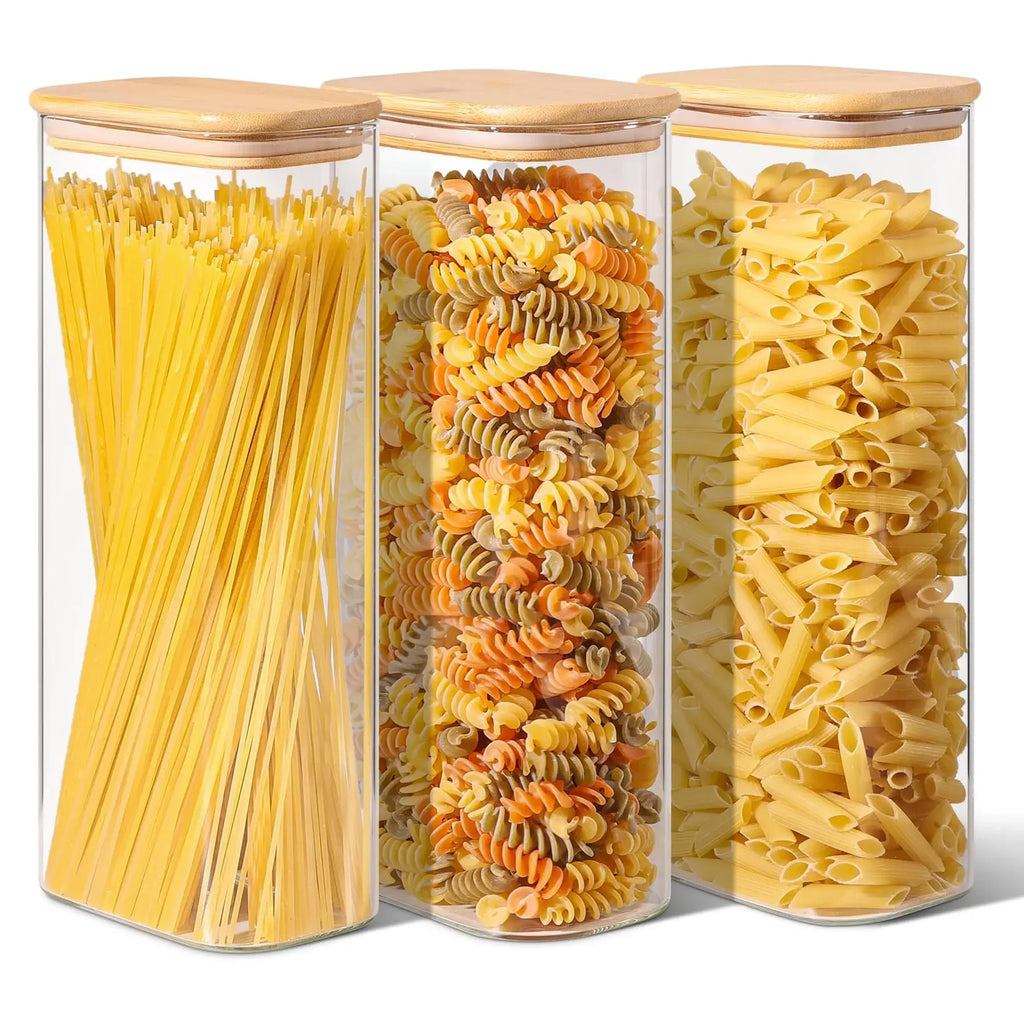 Rectangle Clear Storage Jars with Bamboo Lids Multi-Food Pantry Organizer Containers - Lovies Kitchenwares