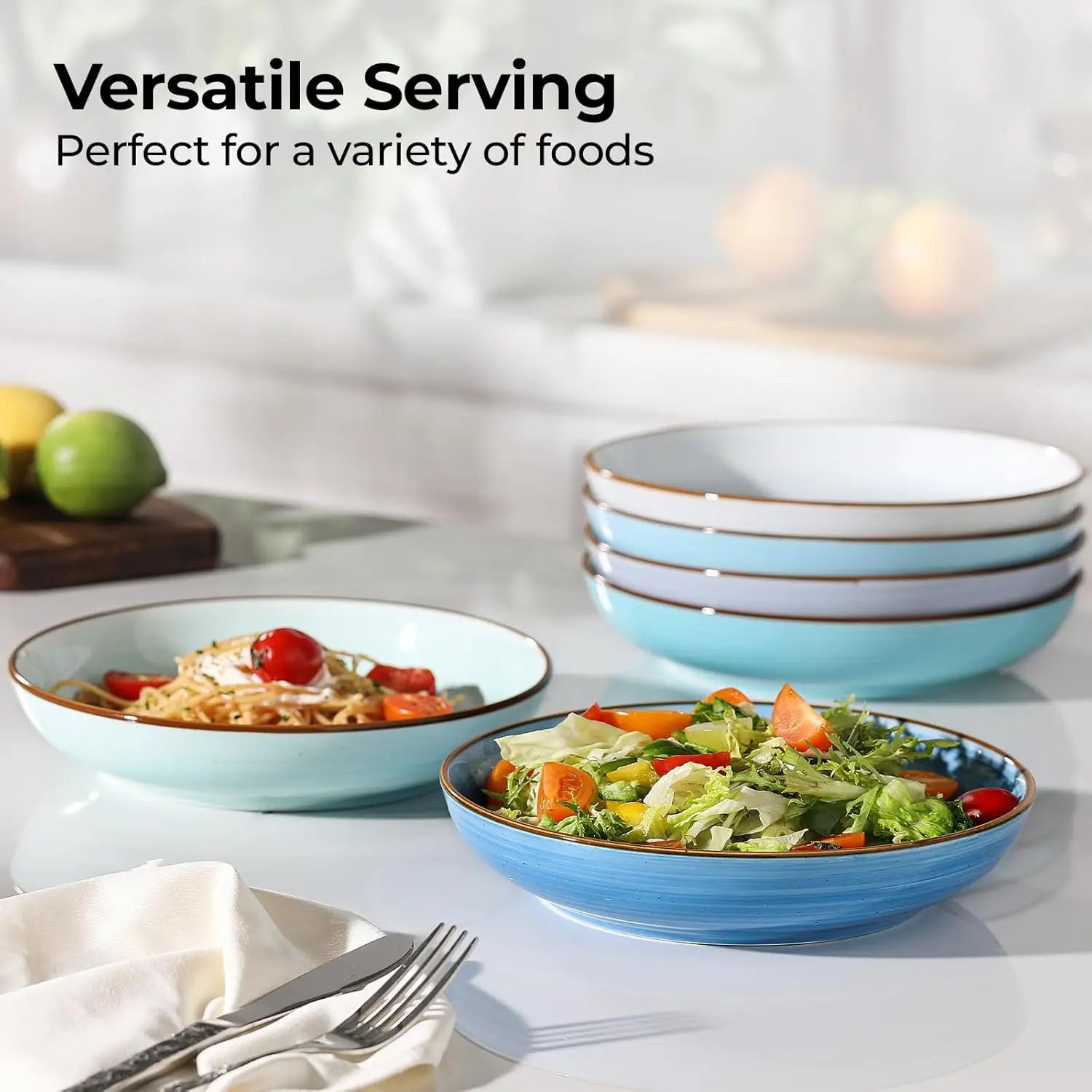 8.5'' Ceramic Multi-use Bowls Set of 6, 30 oz Shallow Salad & Soup Bowls, Microwave & Dishwasher Safe
