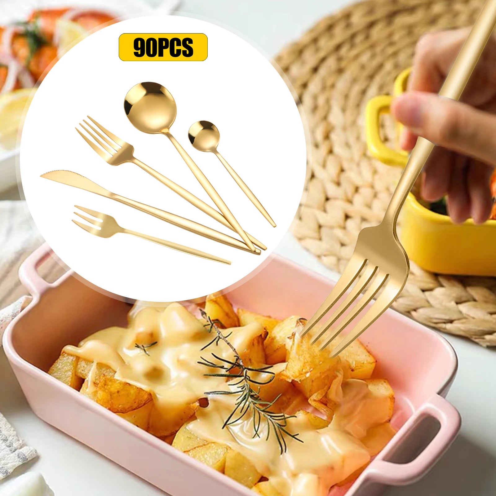 90Pcs Gold Stainless Steel Silverware Set - Heavy Duty Cutlery