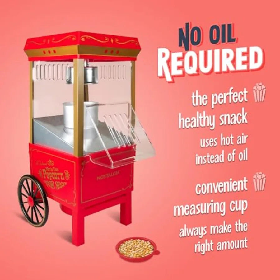 Vintage 12 Cups Hot-Air Popcorn Maker Machine - Oil-Free - Healthier Popcorn - Classic Stand-Up Cart With Wheels