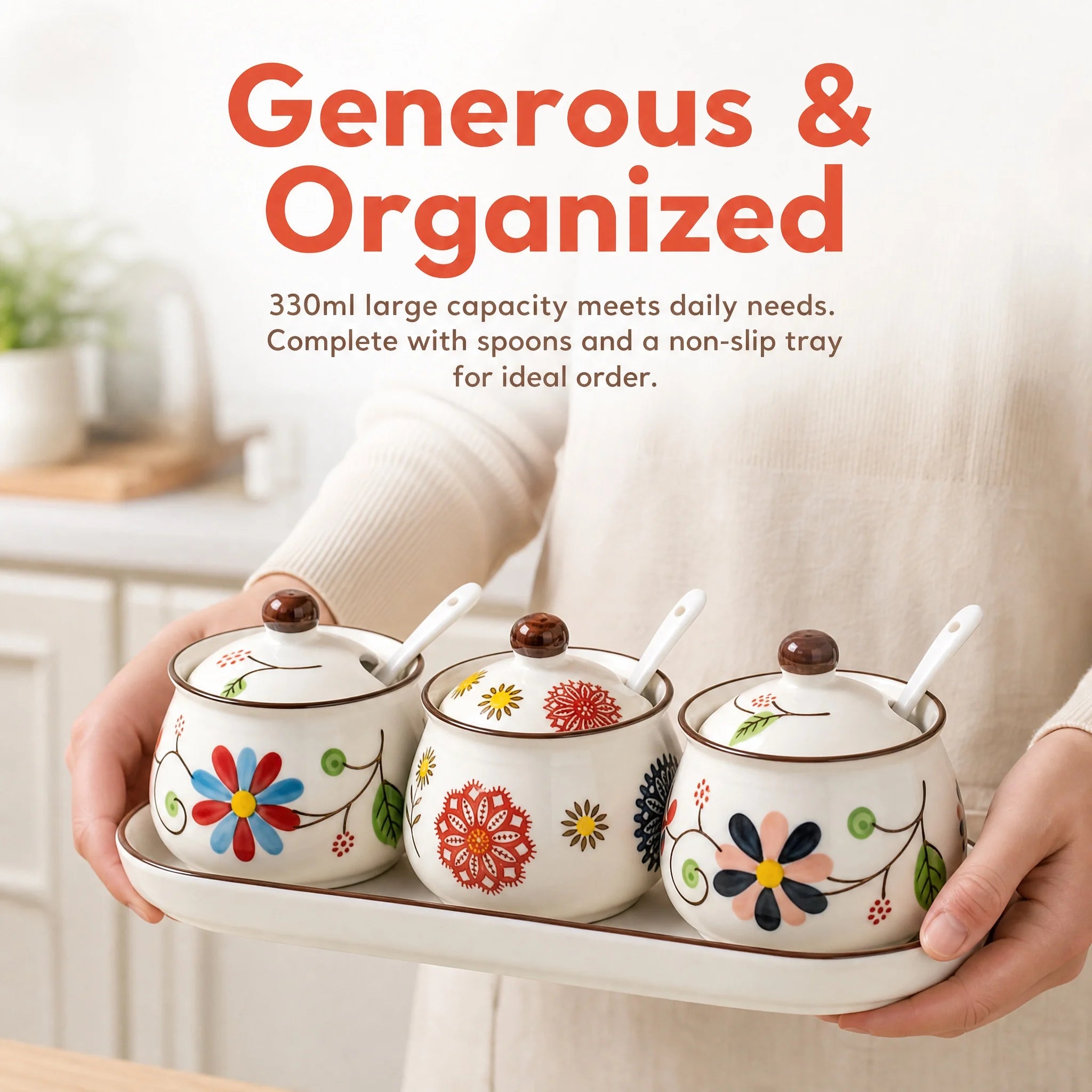 3-Piece Ceramic Spice Jar Set with Tray, Hand-Painted Japanese Vintage Seasoning Jars, Large Capacity 330ml Kitchen Storage Containers with Spoons, Non-Slip Base - Lovies Kitchenwares