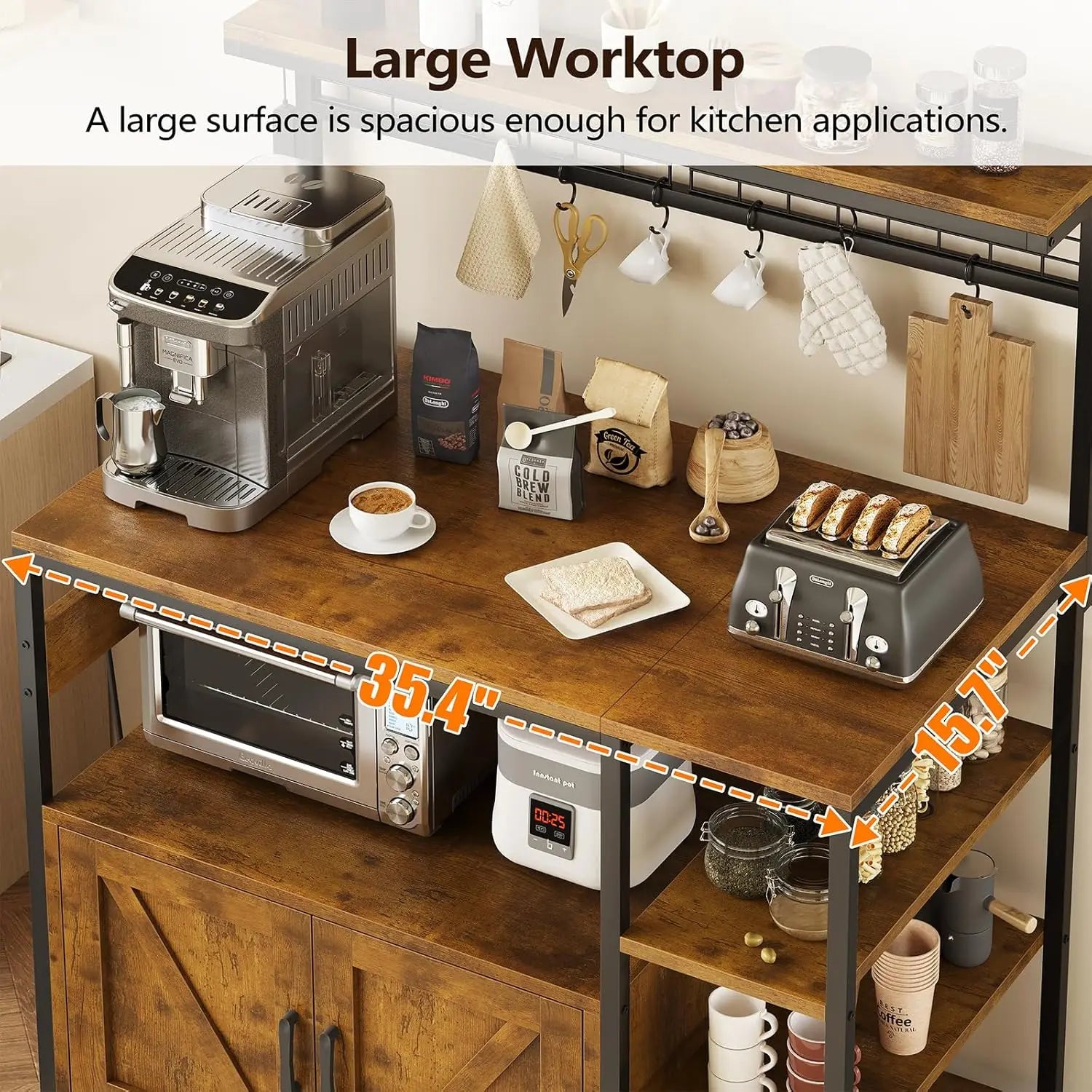 Bakers Rack with Power Outlet and LED Light, Microwave Stand with Storage Cabinet, Coffee Bar Cabinet Station, Customized
