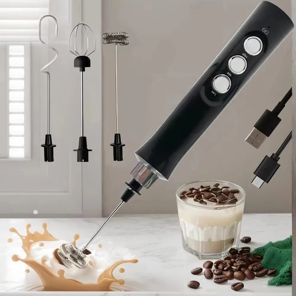 Electric Milk Frother - 3 Speeds, Handheld Foam Maker for Latte, Cappuccino, Hot Chocolate - USB Rechargeable